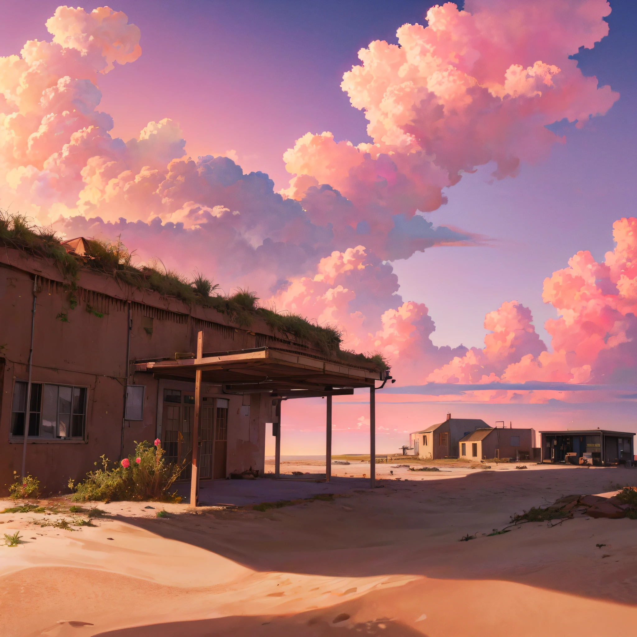 Summer, desert, sea, ((no house)), pink clouds, a land overgrown with roses, James Gurney, art station rendering, ultra-wide lens, high definition