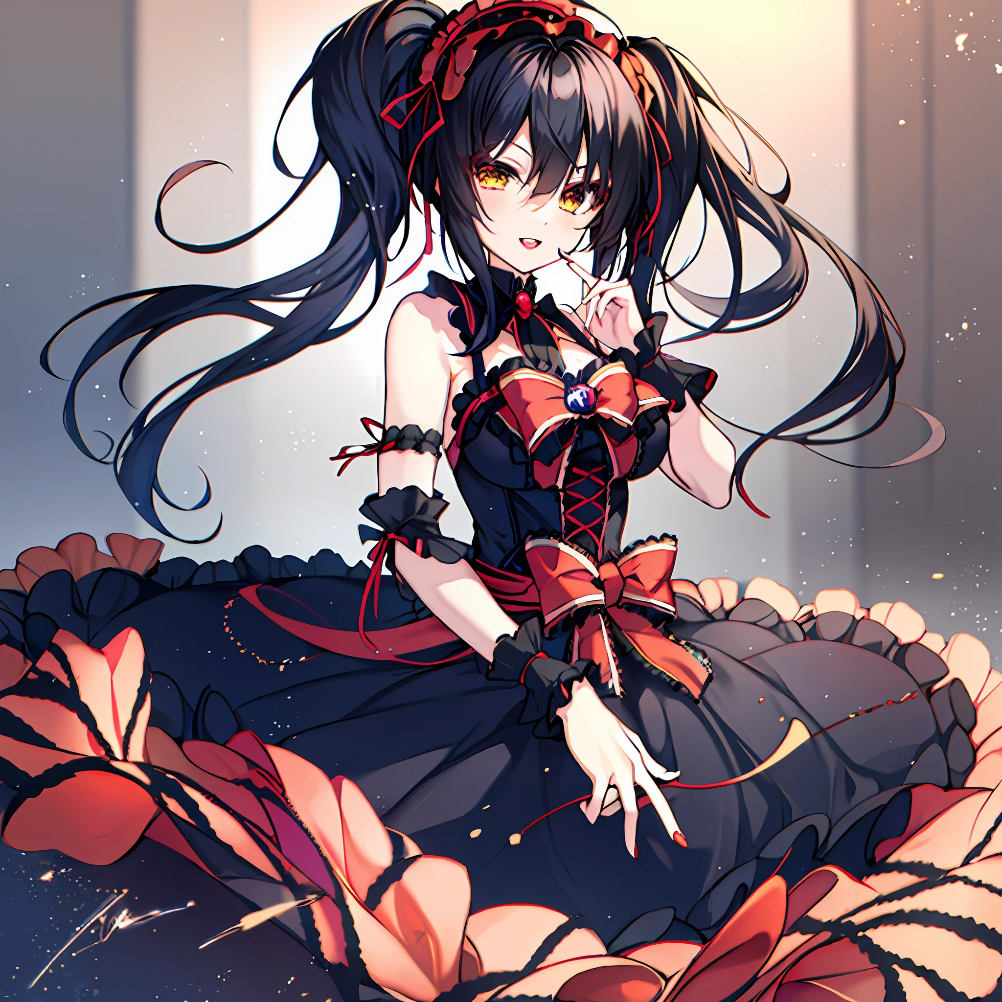 18 years old beautiful girl, masterpiece, top quality, 8K anime, 1 girl, solo, detailed fingers, precise fingers, not unnatural hands, odd eye, black hair twintails, kurumi tokizaki, large breasts,