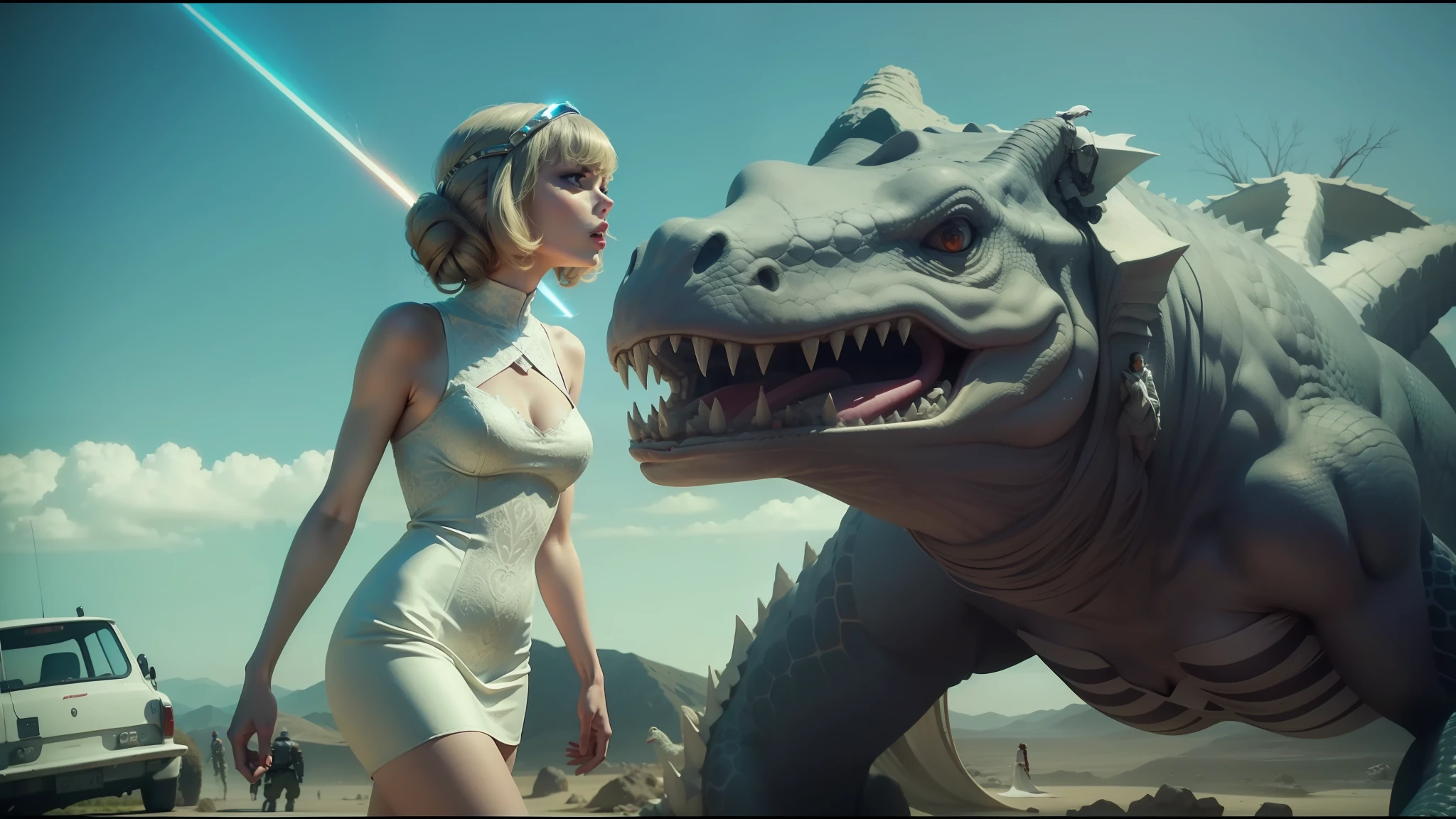 araffe and a woman in a white dress standing next to a dinosaur, taylor swift modeling, die antwoord music video, hot reptile humanoid woman, still from a music video, taylor swift carrying a rifle, adam and eve versus godzilla, as a retro futuristic heroine, photograph of taylor swift, still of rainbow ophanim, taylor swift as princess leia --auto --s2