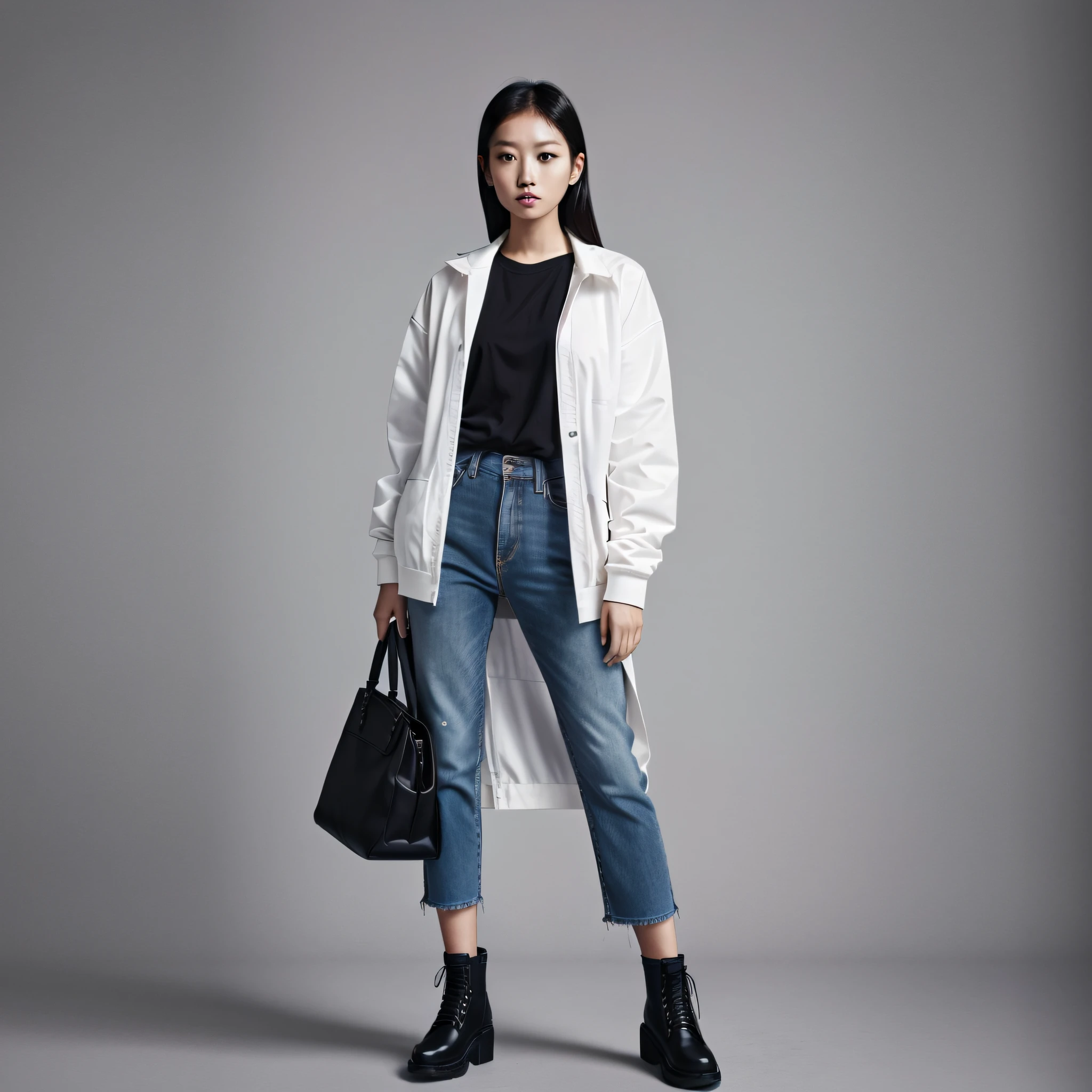 fashion magazine, full body shot, full body shot, asian, photo quality, 8k, high definition face, rough fashion, casual fashion, simple white background --auto --s2