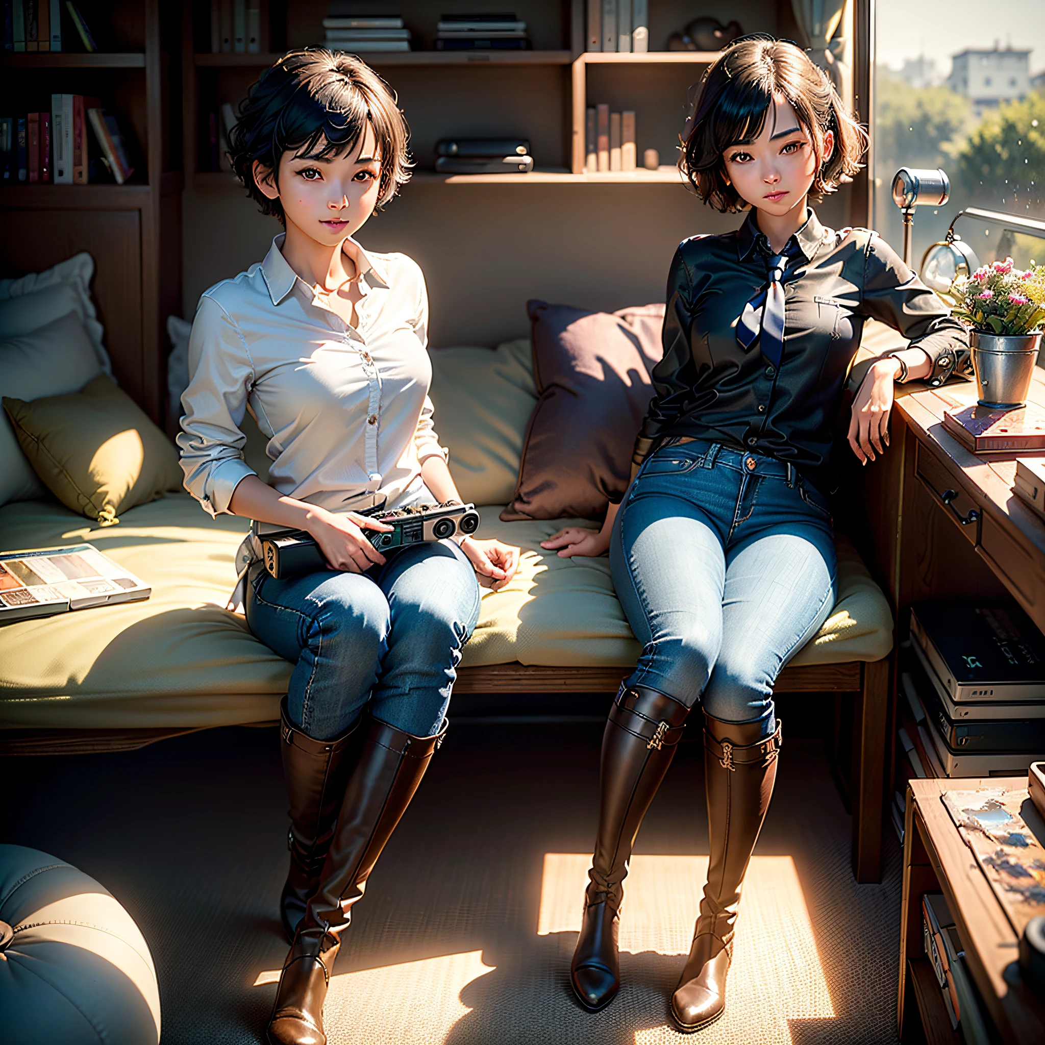 (Masterpiece, highest quality, highest resolution, distinct_image, very elaborate CG, cinematic lighting, ray tracing, drop shadows, detailed detail, (photorealistic: 1.4), high quality textures, fine-grained, realistic face expression): (lone girl, face is Japan, short hair, small size breasts, sparkling eyes, Eye level shot, light smile, beauty, slim body, holiday, bedroom, console game, computer, jeans, long boots, collared shirt, radio, coffee, model train, bookshelf, chair, pot, fan, painting, stuffed animal, tie)