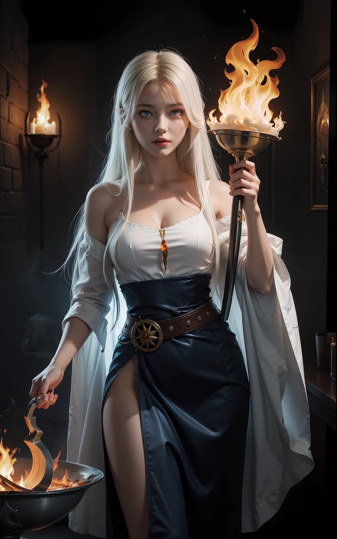 An outstanding beautiful white girl painting, firelight, surrounded by flames, dota2 fire girl style, ghost knife style, hair with fire, watery blue big eyes, thin waist, wide hips, mage robes, surrealism, ultra hd, 8K, real skin texture, best light, best shadow, Lina from dota2