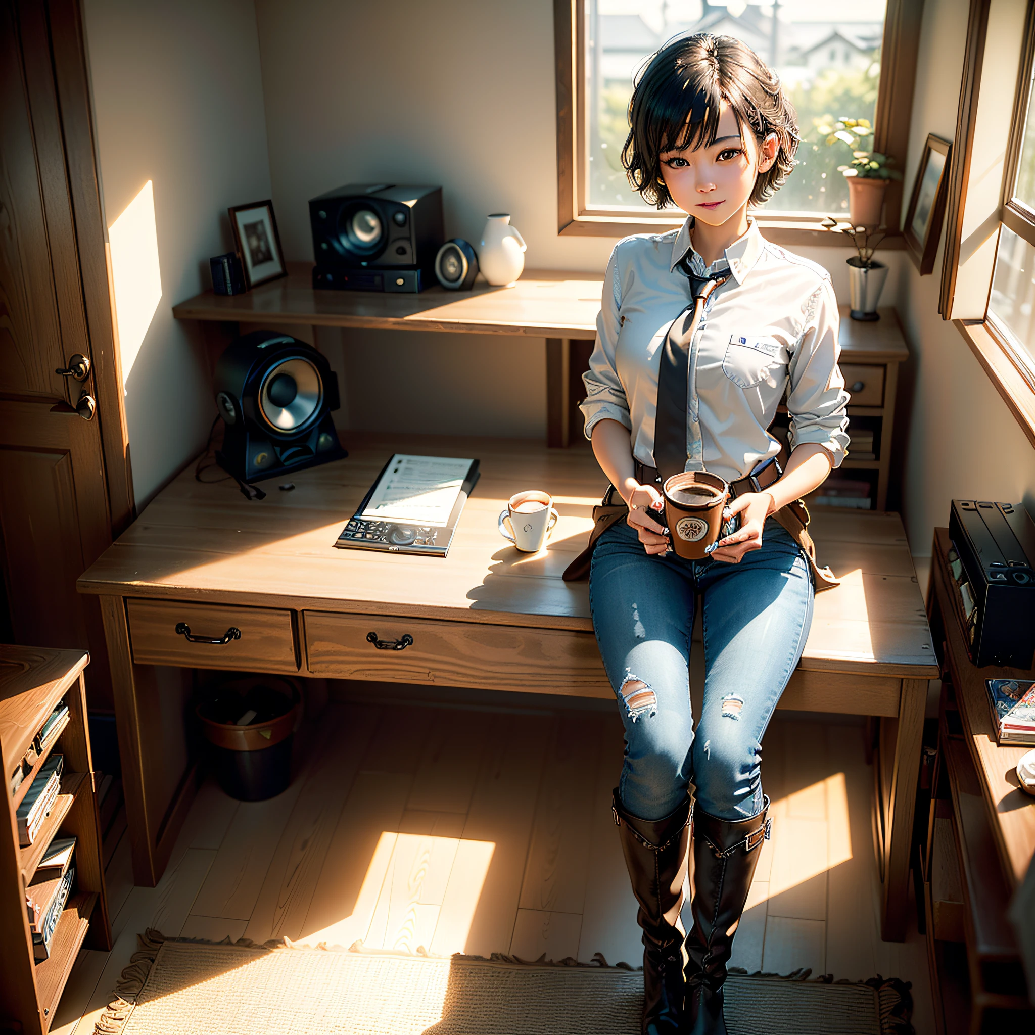 (Masterpiece, highest quality, highest resolution, distinct_image, very elaborate CG, cinematic lighting, ray tracing, drop shadows, detailed detail, (photorealistic: 1.4), high quality textures, fine-grained, realistic face expression): (lone girl, face is Japan, short hair, small size breasts, sparkling eyes, Eye level shot, light smile, beauty, slim body, holiday, bedroom, console game, computer, jeans, long boots, collared shirt, radio, coffee, model train, bookshelf, chair, pot, fan, painting, stuffed animal, tie)