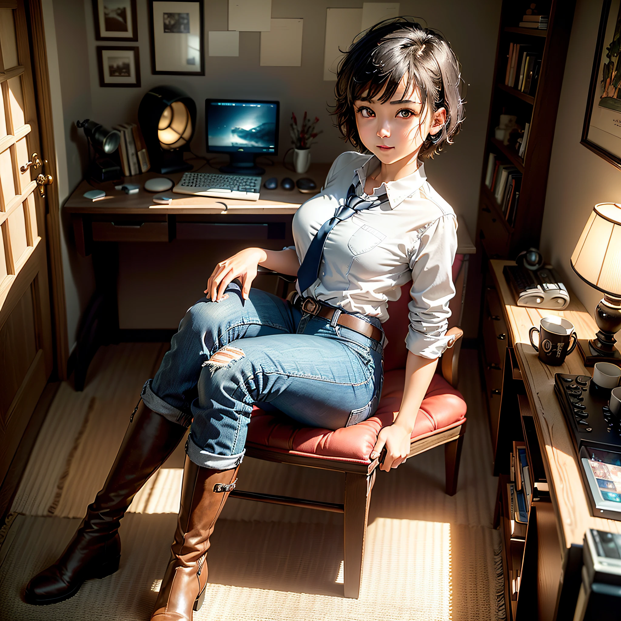 (Masterpiece, highest quality, highest resolution, distinct_image, very elaborate CG, cinematic lighting, ray tracing, drop shadows, detailed detail, (photorealistic: 1.4), high quality textures, fine-grained, realistic face expression): (lone girl, face is Japan, short hair, small size breasts, sparkling eyes, Eye level shot, light smile, beauty, slim body, holiday, bedroom, console game, computer, jeans, long boots, collared shirt, radio, coffee, model train, bookshelf, chair, pot, fan, painting, stuffed animal, tie)