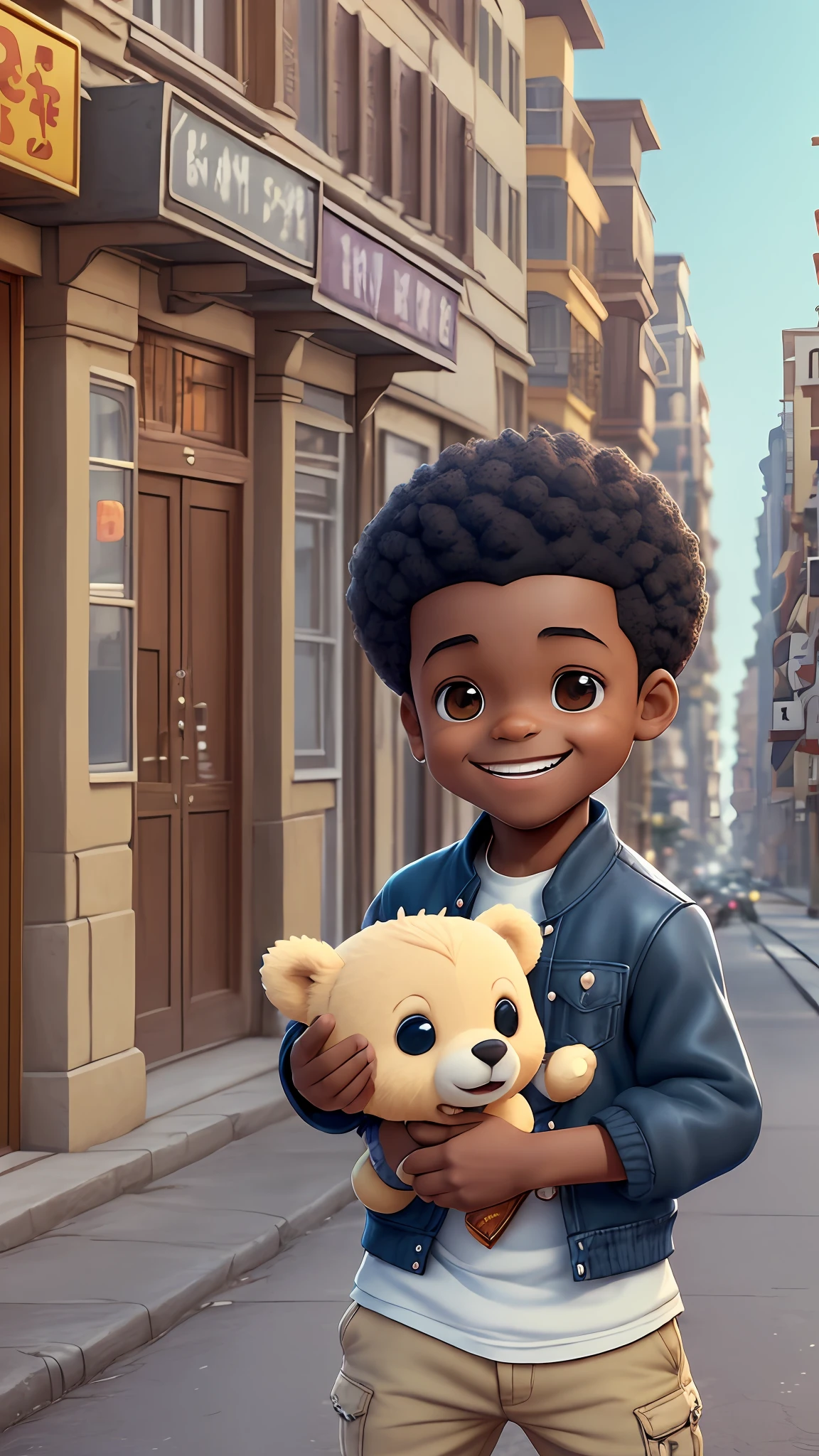 3D cartoon character holding a small bear, in a city street, black boy, (detailed facial affections)((())), movie art, clean shot, ghailan!, like a pixar character, handsome young man , afro, grace and blessing, (((cute smile))), rendered in unreal, movie promo image, rendered image --auto --s2