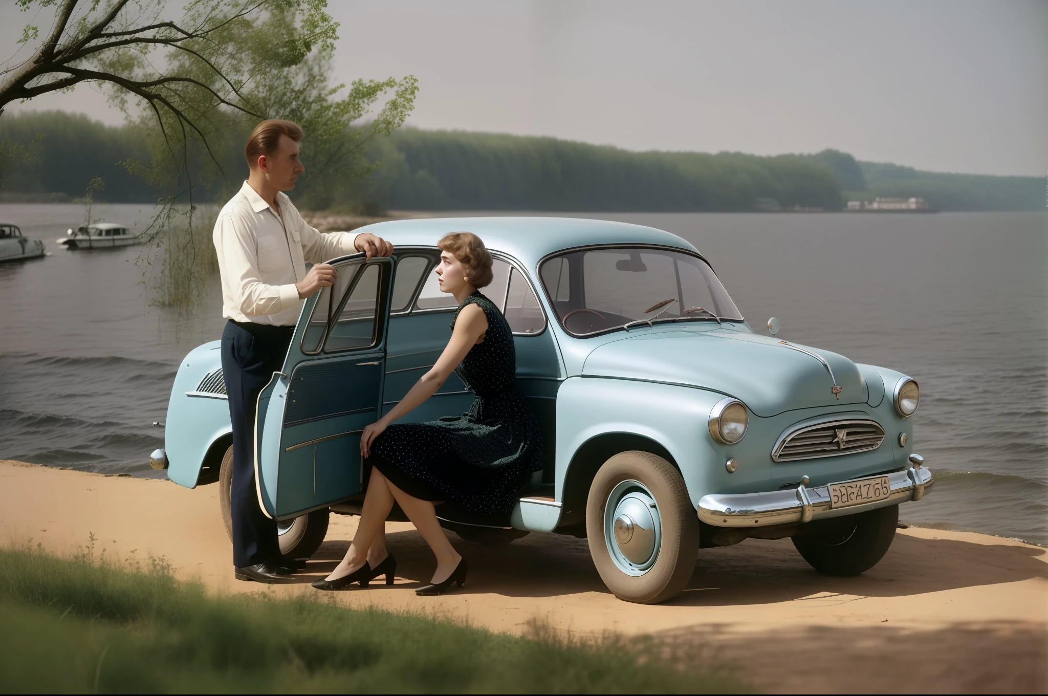a man and a woman standing next to a car by the water, ZAZ-965, Sergey Krasovsky, Soviet nostalgia, still from production, author György Vastag, nostalgic atmosphere, Alexander Rostov, Vladimir Krisetsky, 43456k film, style 5 0 s, style 50's