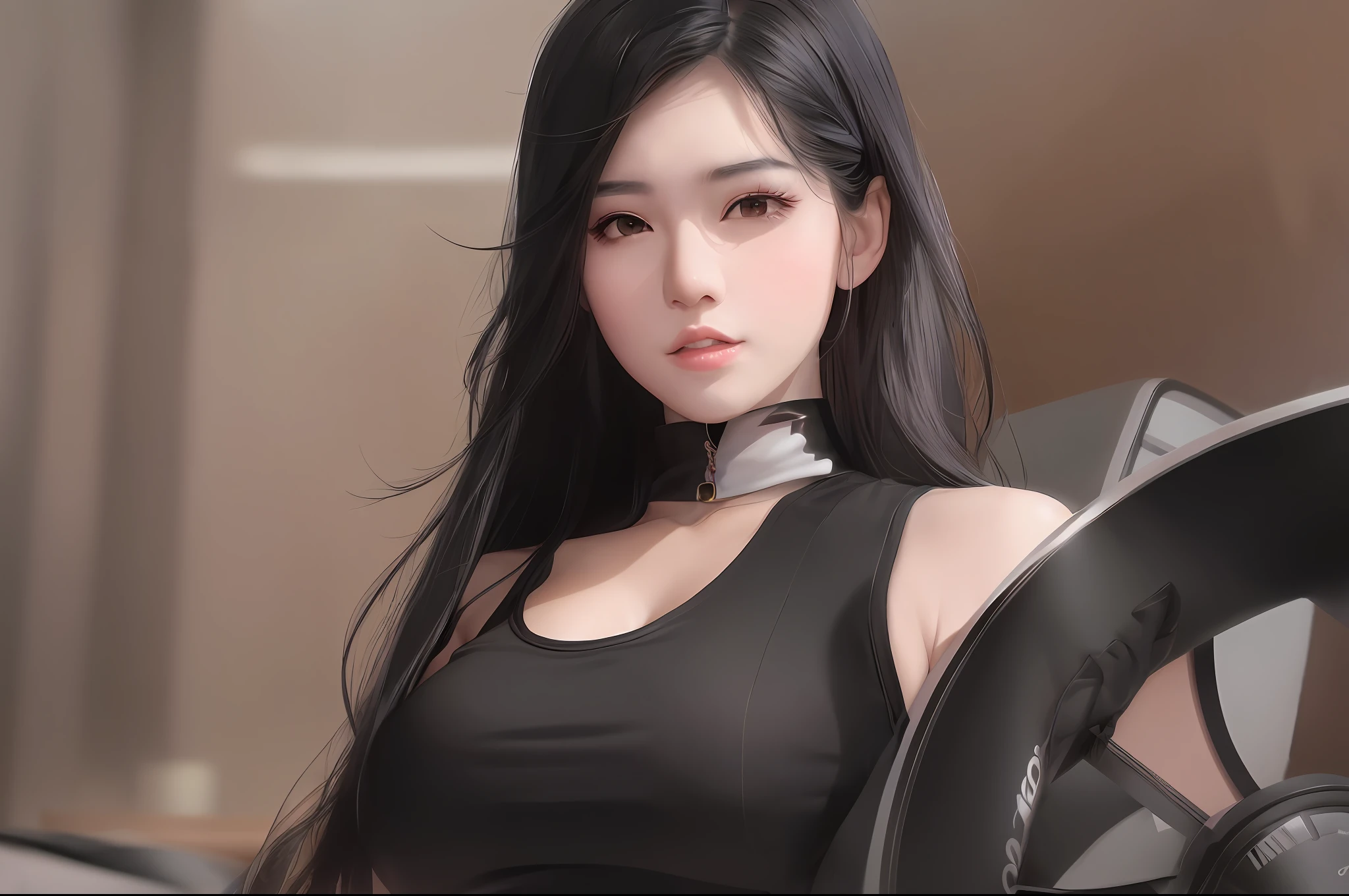Ala Fed Asian Woman in Black Top and Black Skirt, Seductive Tifa Lockhart Portrait, Korean Girl, 8K Art Germ Bokeh, Beautiful Korean Woman, Cute Girl in Military Suit, Gorgeous Young Korean Woman, IG Model | ArtGerm, portrait of Korean female idol, smooth anime CG art, she is wearing a black tank top