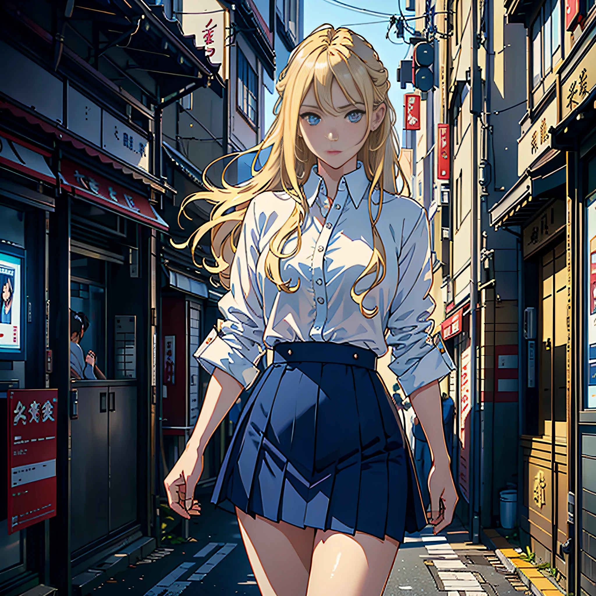 Masterpiece, Best Quality, 8K, Photographic Reality, Realistic, Octane Rendering, Bustling Urban Streets of Japan (1 Woman: 1.4), (Only One Woman on the Screen: 1.3), (White Shirt), (Long Golden Hair), (Hip Wrapped Skirt), (Blue Eyes) Upper Body Display