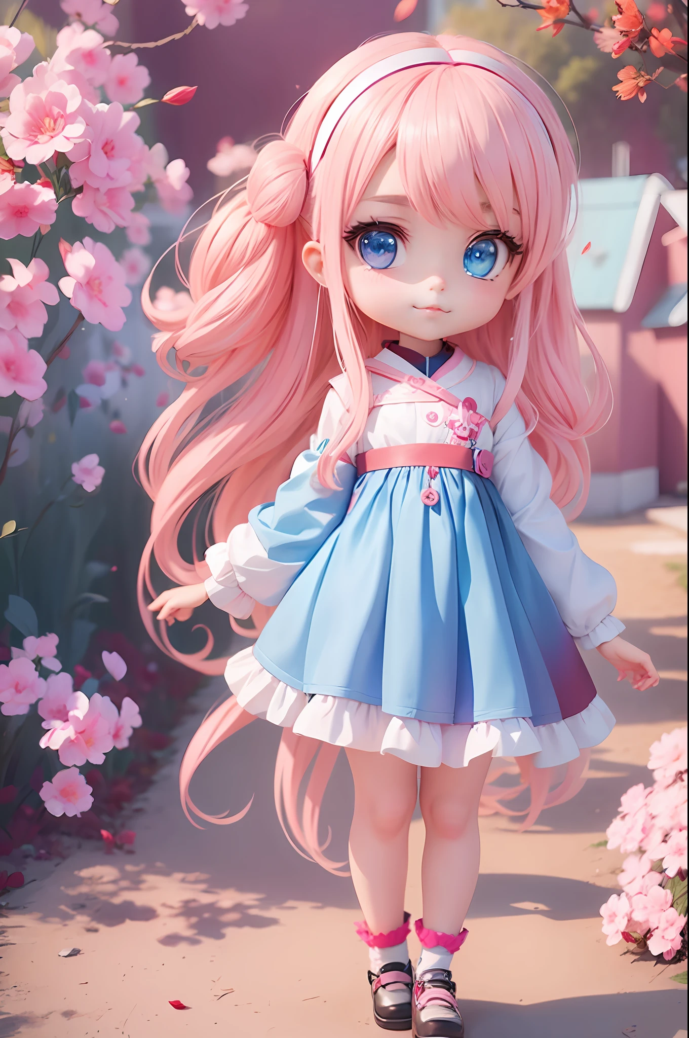 A close up of a doll with pink hair and blue eyes SeaArt AI