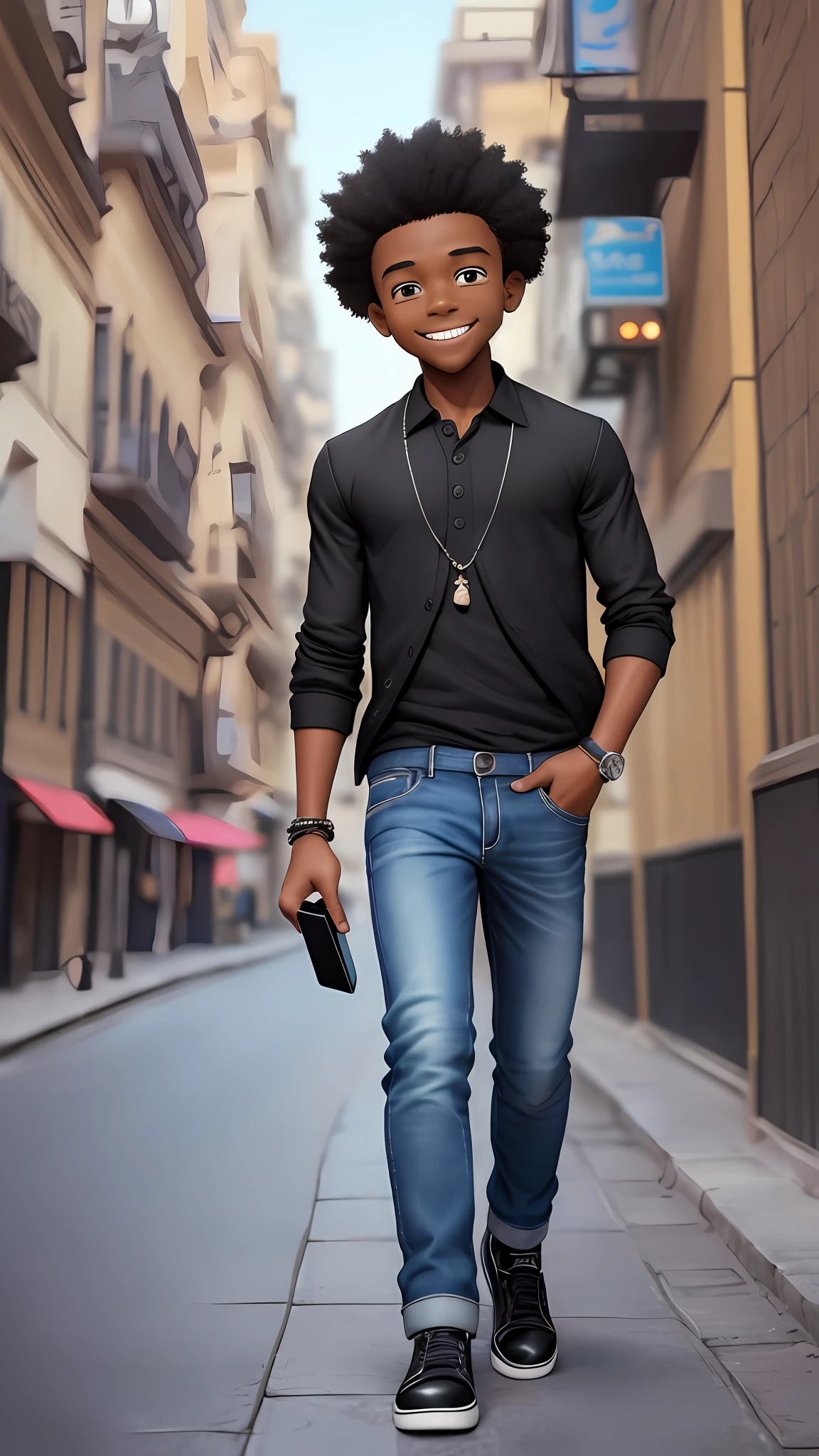 3D cartoon character holding a small cellphone, on a city street, black boy, (detailed facial affections), black shirt, jeans, and black shoes, (((baby))), movie art, clean shot, ghailan !, like a pixar character, handsome young man, afro, grace and blessing, (((cute smile))), rendered in unreal, movie promo image, rendered image --auto --s2