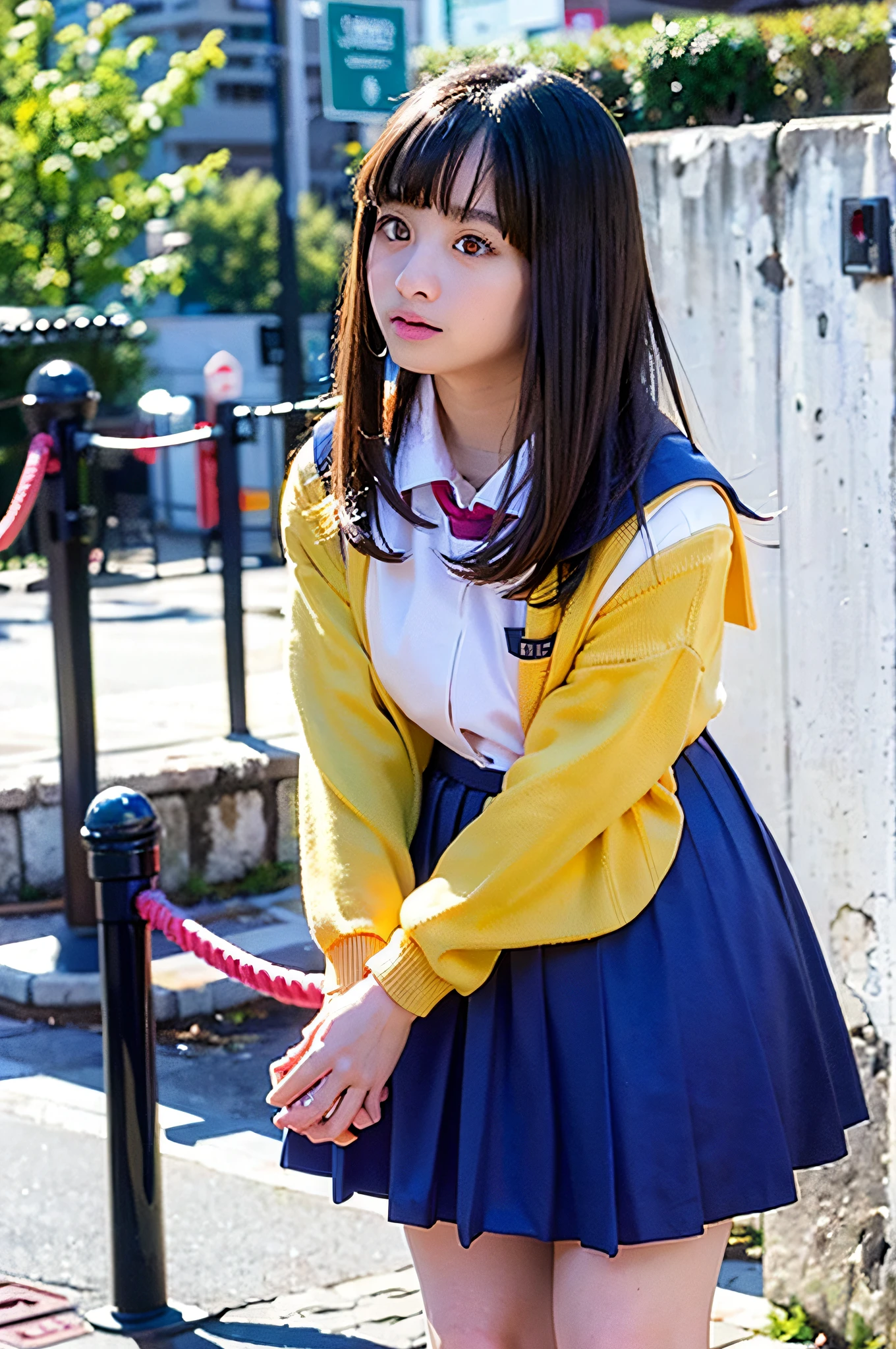 RAW Photos, 8K, Best Quality, Masterpiece, Ultra High Definition, (Photorealistic: 1.4), Raw Photo, 1 Girl, Dark Hair, Glossy Skin, WET BODY, Pretty Embarrassing, Panties, Thin Legs, Tight Skirt, Standing, Sidewalk, Beautiful Face to Detail, Realistic Human Skin, Gentle Expression, Front View, Long Hair, Realistic, Photorealistic, Cute, Short Skirt, Surreal schoolgirl in Japan schoolgirl uniform, empty-handed, 1 girl, standing deep in the city,