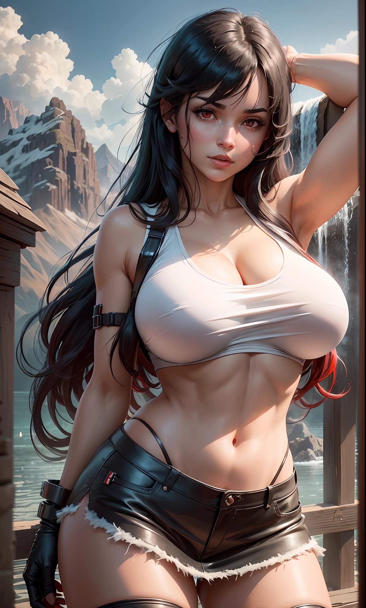 Tifa lockhart, tifa_lockhart,  ff7, sultry face, (white tank top:1.2), black miniskirt, (black long hair), hair bangs (red eyes:1.3) long eyelashes, beautiful red eyes with brightness, surrealism, shadow, stereogram, (photorealistic, realistic: 1.2), POV, atmospheric perspective, cinematic lighting, ray tracing, 8k, super detail, best quality, masterpiece, well detailed, (Canan EOS R6, 135mm, 1/1250s, f/2.8, ISO 400:0.9), in a vast field with mountains and a waterfall in the background, (huge breasts:1.5) red gloves --auto --s2