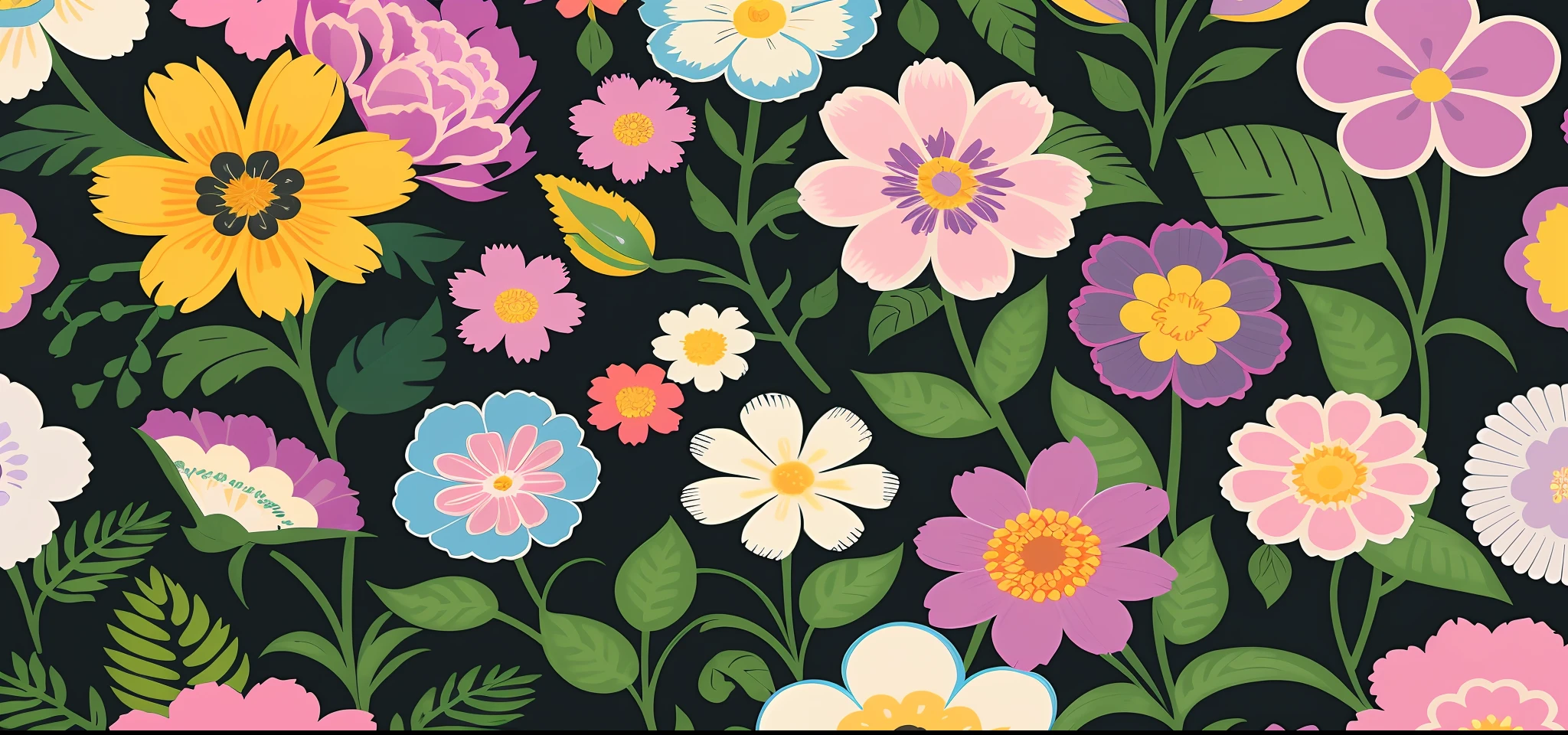 there is a black background with a bunch of flowers and leaves, flowery wallpaper, dark flower pattern wallpaper, jen bartel, ornate floral, floral motives, flower power motifs, floral wallpaper, ornate flowers, floral pattern, floral patterned skin, wallpaper!, garden flowers pattern, floral flowers colorful, inspired by Maksimilijan Vanka, floral! intricate