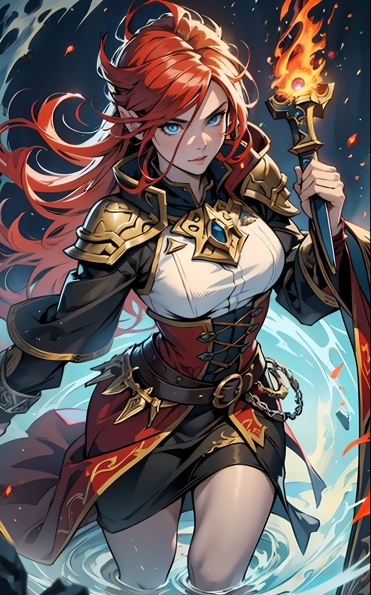 An outstanding beautiful white girl painting, flaming, surrounded by flames, dota2 fire girl style, ghost knife style, fire-like hair, long red hair, big watery blue eyes, thin waist, wide hips, mage robes, magic colors, World of Warcraft style, By Blizzard Entertainment, Ultra HD, 8K, real skin texture, best light, best shadow, Lina from dota2, action, wizarding world, overhead view,