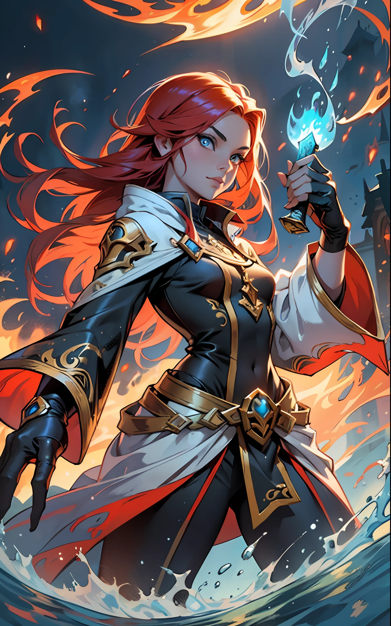 An outstanding painting of a beautiful white girl, flaming, surrounded by flames, dota2 fire girl style, ghost knife style, fire-like hair, long red hair, watery blue big eyes, thin waist, wide hips, mage robes, magic colors, World of Warcraft style, By Blizzard Entertainment, Ultra HD, 8K, real skin texture, best light, best shadow, Lina from dota2, action, wizarding world, overhead view, small mouth, Small nose, big eyes, cute