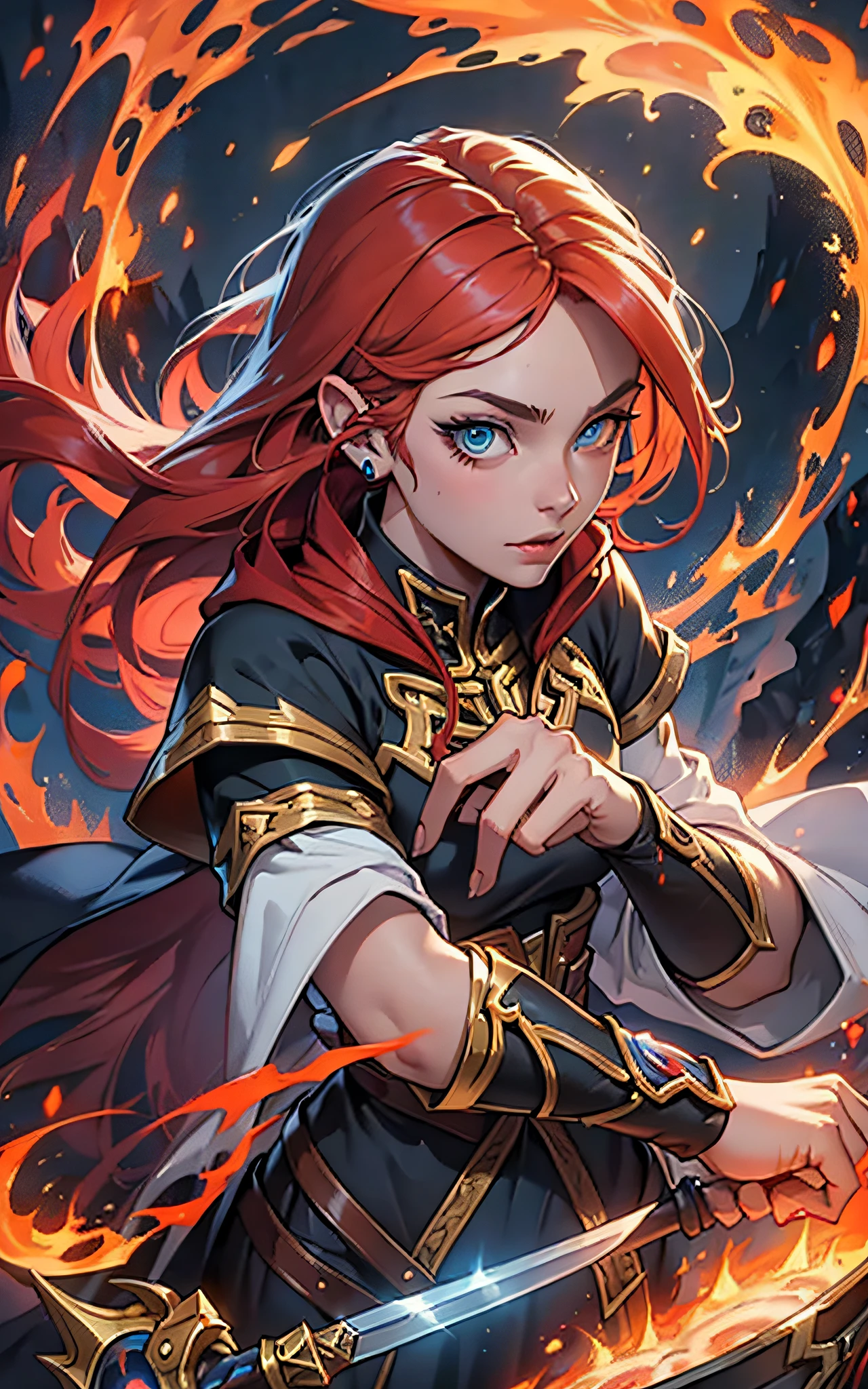 An outstanding painting of a beautiful white girl, flaming, surrounded by flames, dota2 fire girl style, ghost knife style, fire-like hair, long red hair, watery blue big eyes, thin waist, wide hips, mage robes, magic colors, World of Warcraft style, By Blizzard Entertainment, Ultra HD, 8K, real skin texture, best light, best shadow, Lina from dota2, action, wizarding world, overhead view, small mouth, Small nose, big eyes, cute
