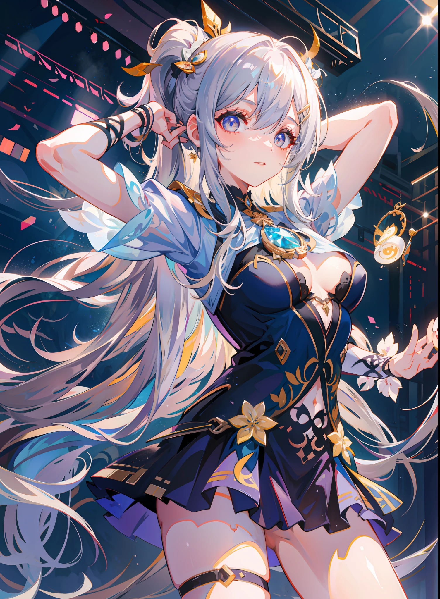 (best quality, detailed background, high resolution, absurd, blooming, messy hair, shiny hair, exposed to light, bright pupils),
1 girl, focused legs, earpiece, long hair, silver hair, large_breasts, action_pose, standing, behind arms, stage, spotlight, glass ceiling,
Kazu (Genshin impact), hair_ornament, hair more than one eye, designer dress, dutch_angle, upper body,