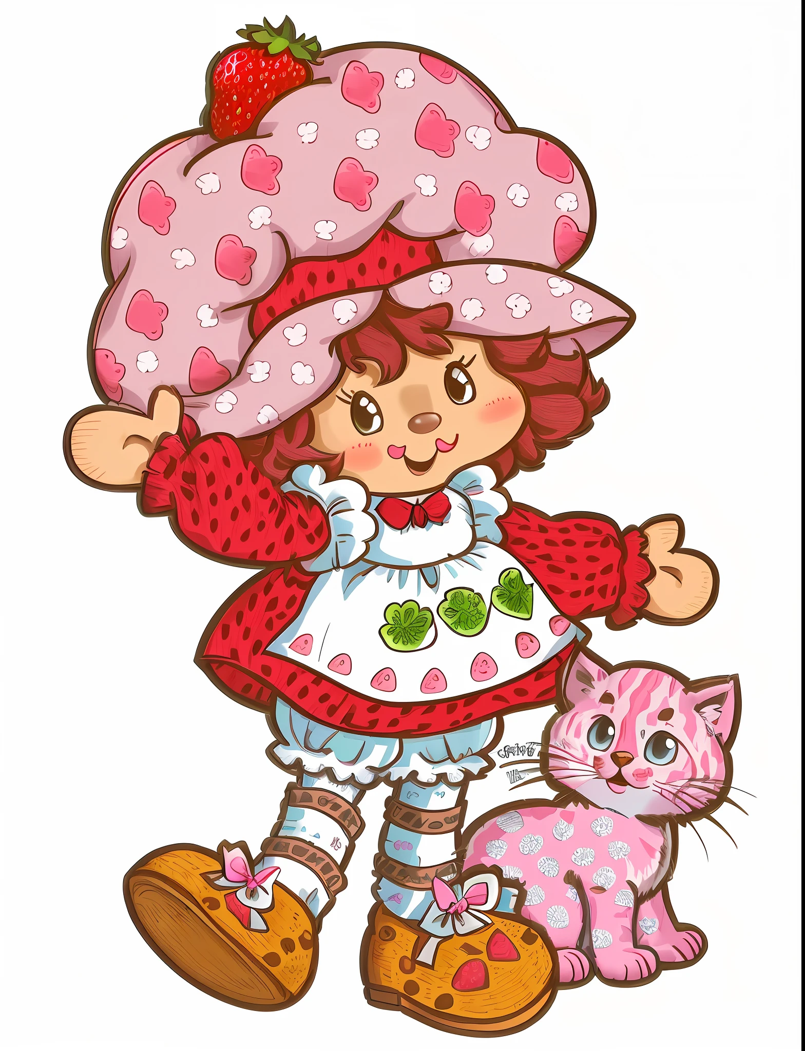 A Canponese girl with a hat emblazoned with strawberry drawings and her pink kitten poá (cartoon style)