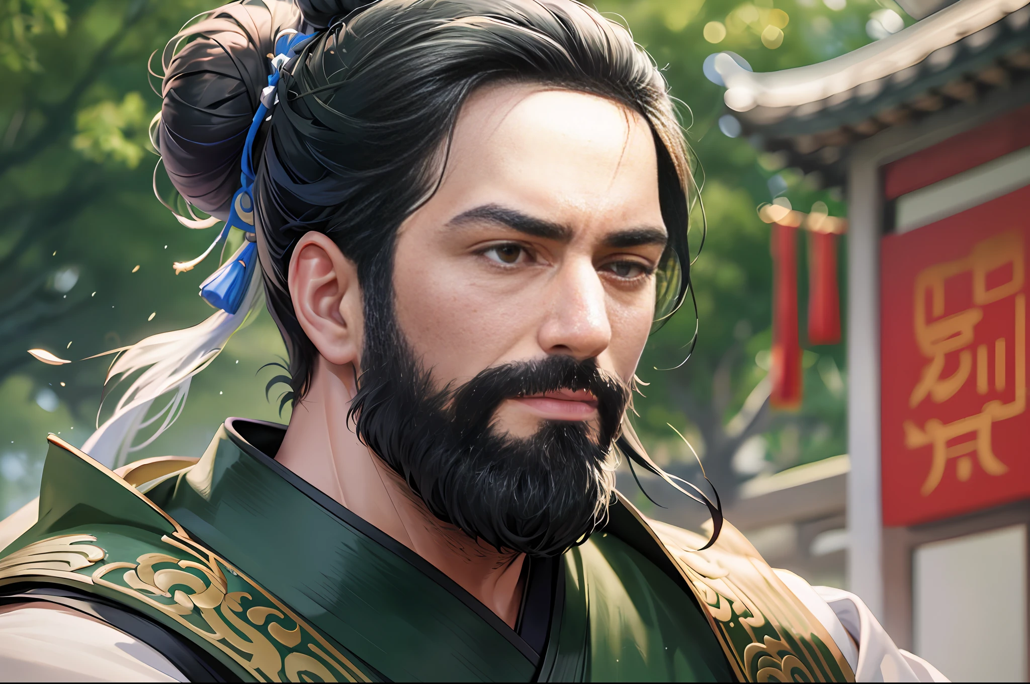 High-definition pictures, ultra-high resolution, clear facial features, full-body photos, super details A 40-year-old man, short black hair, tall, burly facial features, super high resolution. Yard, green robe, bun, long bushy beard, serious, talking. Chinese ancient style, Chinese martial arts style.
。 4K ultra-clear material.