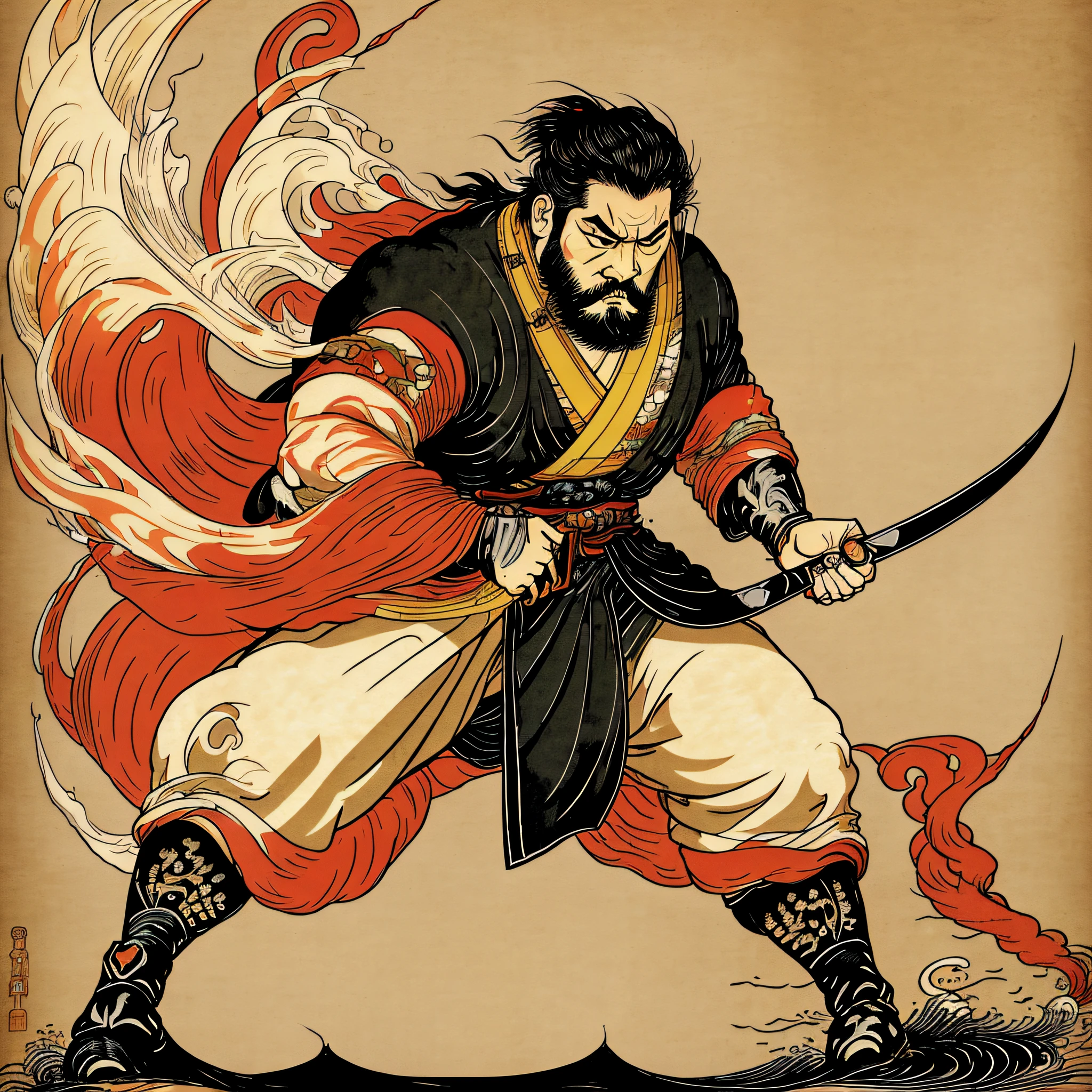 It is a full-body painting with natural colors in a cartoon-like style. A Japan samurai with a large body like a strongman. He has a rough face, short black hair, and a short, trimmed beard. He wears a black kimono. The hakama should be a little longer and draw in a flowing shape that flutters in the wind. In his right hand he holds a Japan sword that wears flames. The background is a swirling flame in Katsushika Hokusai style. In the highest quality, it is a masterpiece high resolution acrylic and a work that will be trending in Pixcv fanbox --auto --s2