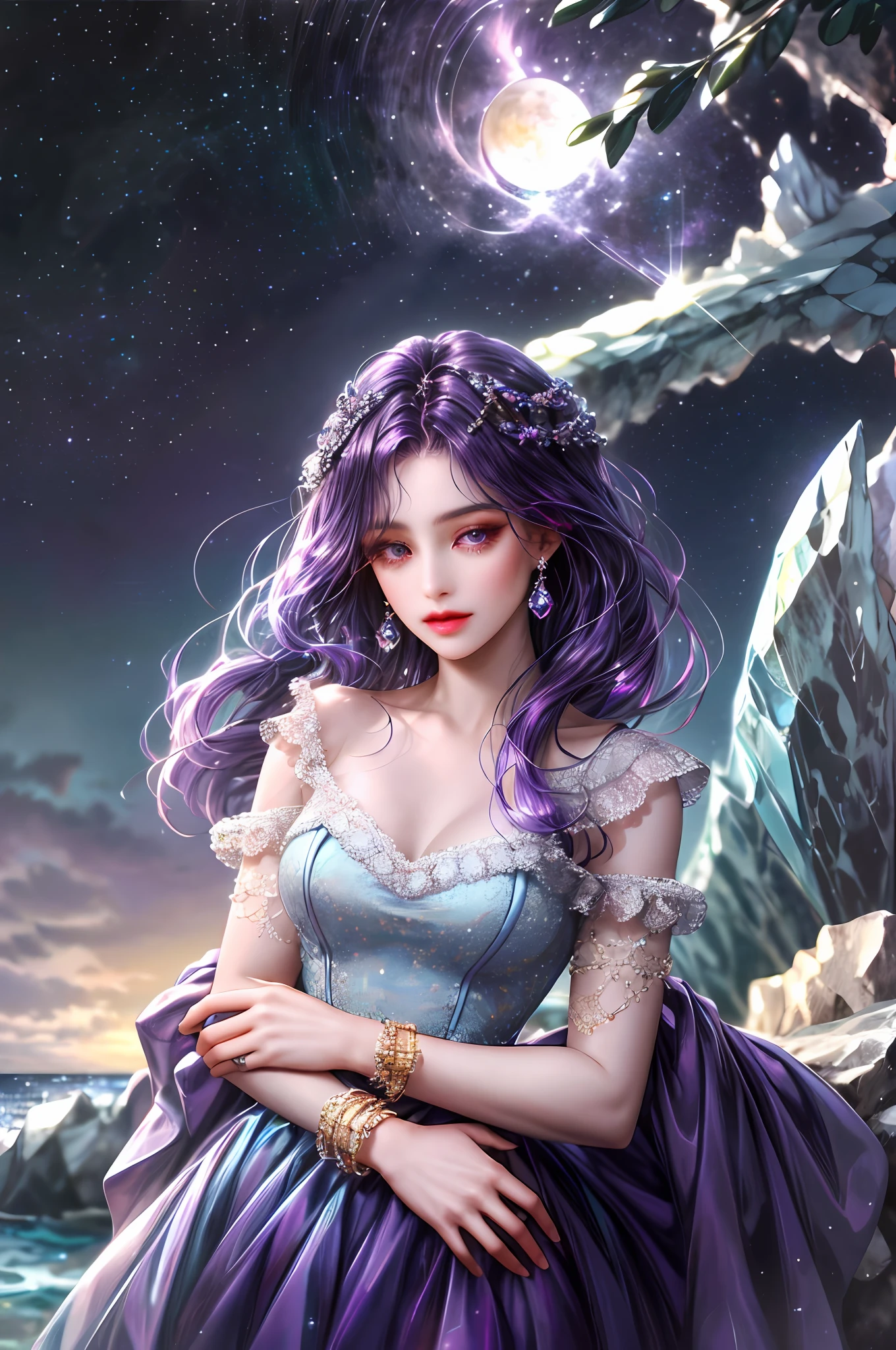 ( High quality , ultra detailed to hand )Zodiac sign-scorpio goddess , similar to latin goodness , cute but sexy and brave face , deep purple hair , transparent dress , in the ocean with moonlight , whole body , crystal purple eyes , dark make up look ,