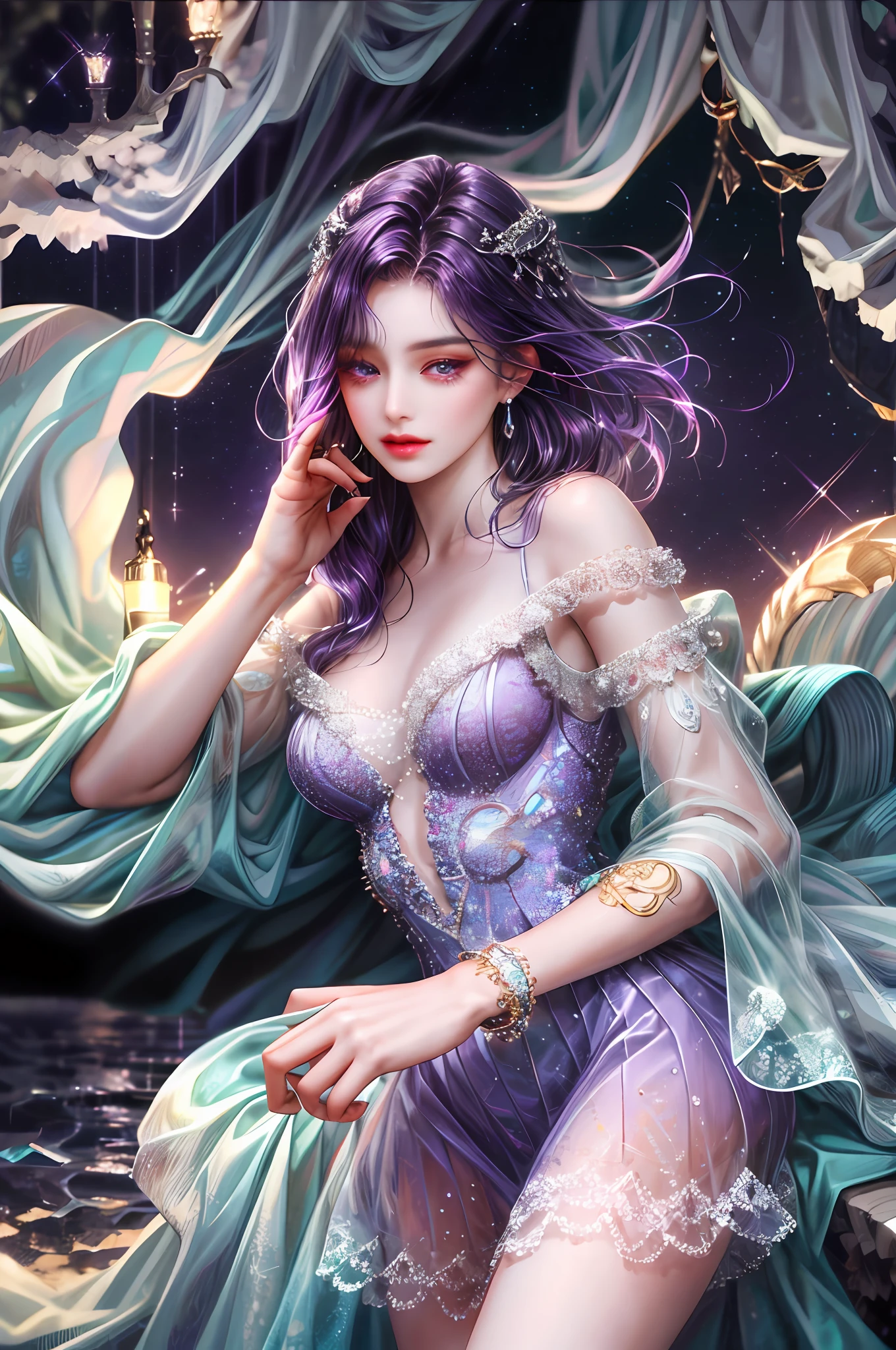 ( High quality , ultra detailed to hand )Zodiac sign-scorpio goddess , similar to latin goodness , cute but sexy and brave face , deep purple hair ,  , in the ocean with moonlight , whole body , crystal purple eyes , dark make up look ,