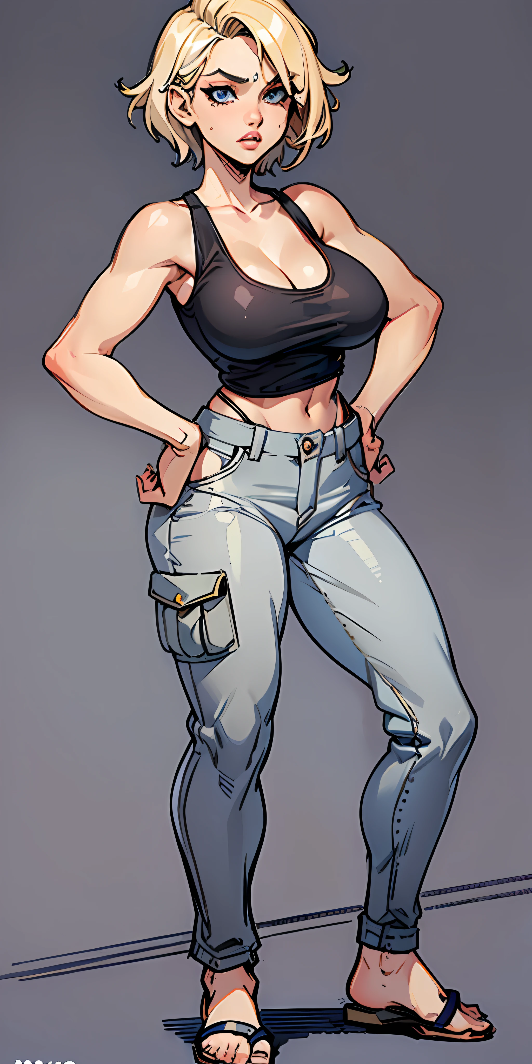 absurdres,(masterpiece,best quality,ultra-detailed:1.6),(illustration),(clean lineart),(cartoon:1),(inked:1),(flat color:1.5),(perfect face,highly detailed eyes,detailed lips:1),(nsfw:1.2),hdr,4k,25mm,(sharp focus:1.2),BREAK (solo:1.5),(from side:0.9), (full body shot, full body view:1.5), (centered angle:1.5),(centered),(Original visual novel game caucassian girl character), {blue eyes::3}, (full lineart lips), (blonde hair), (left side tucked behind ear short hair:1.3), (light skin:1), Outfit: (white tank-top, grey cargo pirate pants:1.5), (flip:flops:1.1),BREAK (teen appearance:1.1), (short average height),(huge large round breasts:1.4),(noticeable perky under clothes:1.5), (skinny:0.6), (slim:0.8), (standing:1),(tiptoeing:1.3),(arms behind low back:1.3), normal expression,BREAK (simple background:1.2),(White photo studio background)