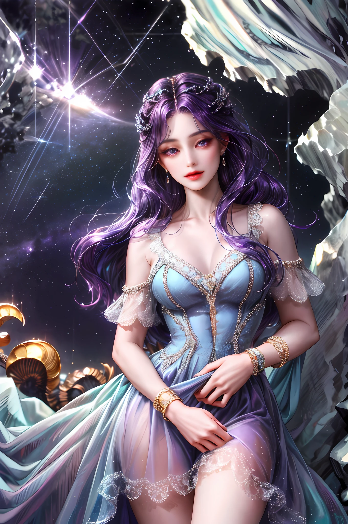 ( High quality , ultra detailed to hand )Zodiac sign-scorpio goddess , similar to latin goodness , cute but sexy and brave face , deep purple hair , transparent dress , in the ocean with moonlight , whole body , crystal purple eyes , dark make up look ,