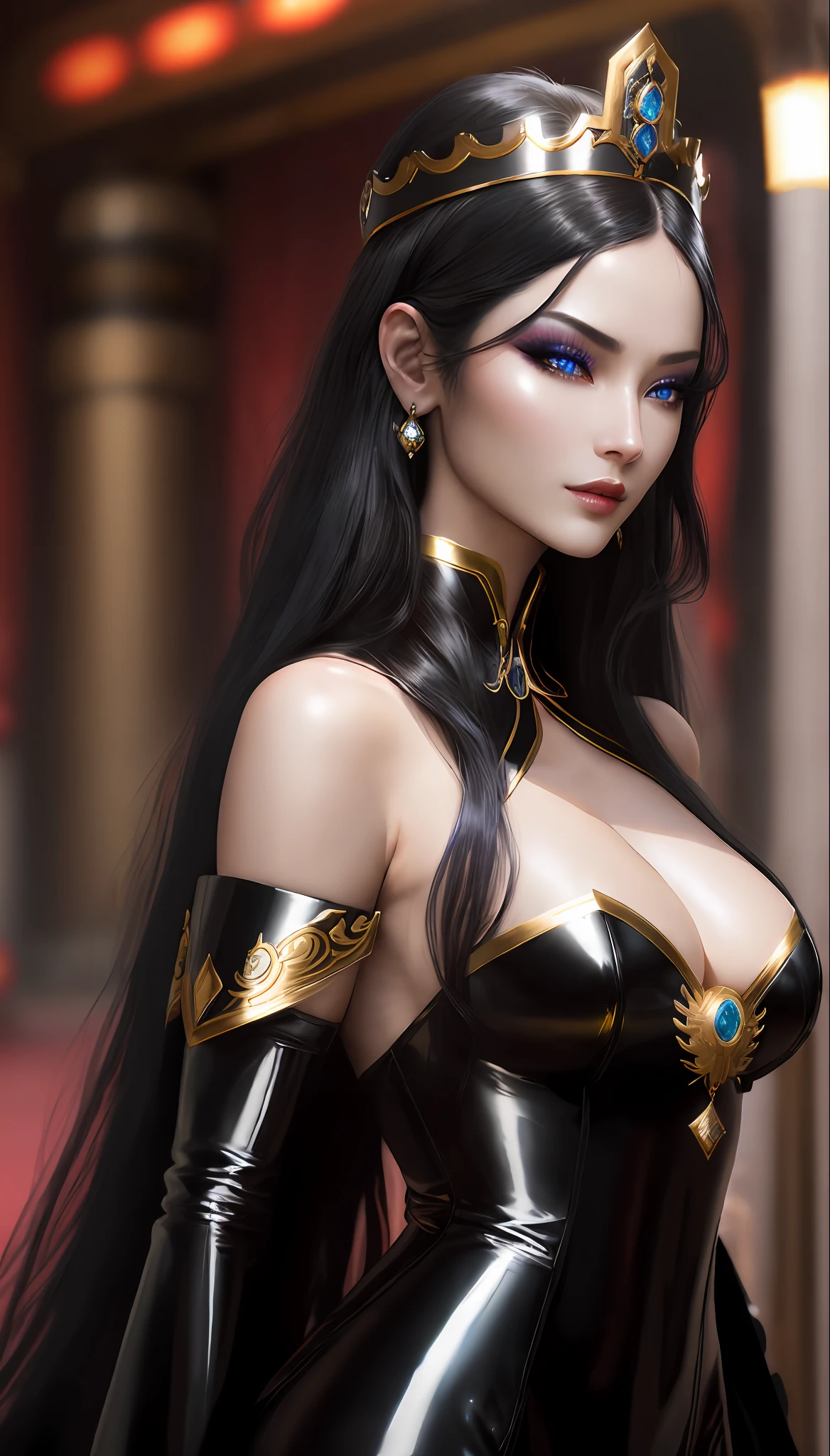 The Dragon Empress (1 woman, long black hair, blue eyes, white skin, medium breasts, makeup, lots of shine, dark eyelashes, dark shadow, perfect nose), old Korea, priestly temples, shoulders showing, onepiece bodysuit, tight, wetlook, neckline, long earring, masterpiece, best quality, 8k, sharp focus, chromatic aberration, best shadows, perfect lights, HDR, realistic skin texture, hyper detailed background,  photorealistic, RAW photo, bright body, insanely detailed, sexy lewd, ecchi: 1.5, royal tiara, long fingerless gloves