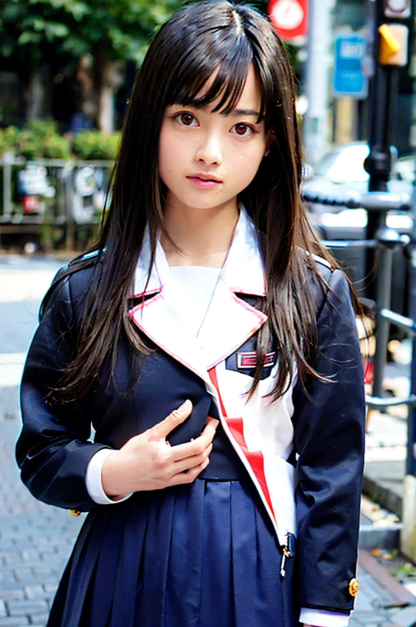 Top quality, masterpiece, ultra high resolution, (photorealistic: 1.4), raw photo, one girl, dark hair, shiny skin, dramatic lighting, full body,, cute, short skirt, standing deep in the city, cute schoolgirl, surreal schoolgirl wearing Japan schoolgirl uniform,