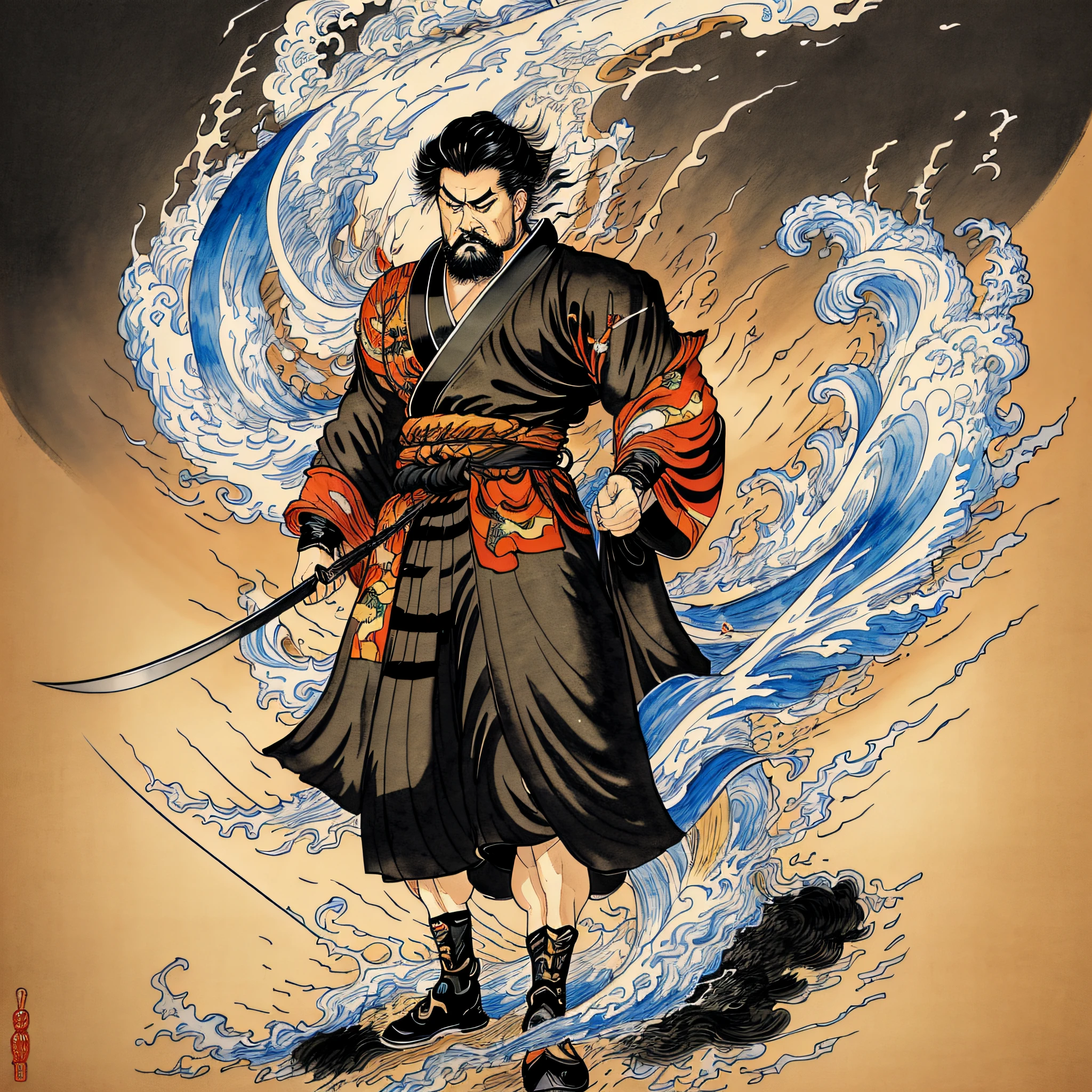 It is a full-body painting with natural colors in a cartoon-like style. A Japan samurai with a large body like a strongman. He has a rough face, short black hair, and a short, trimmed beard. He wears a black kimono. The hakama should be a little longer and draw in a flowing shape that flutters in the wind. In his right hand he holds a Japan sword that wears flames. The background is a swirling flame in Katsushika Hokusai style. In the highest quality, it is a masterpiece high resolution acrylic and a work that will be trending in Pixcv fanbox --auto --s2