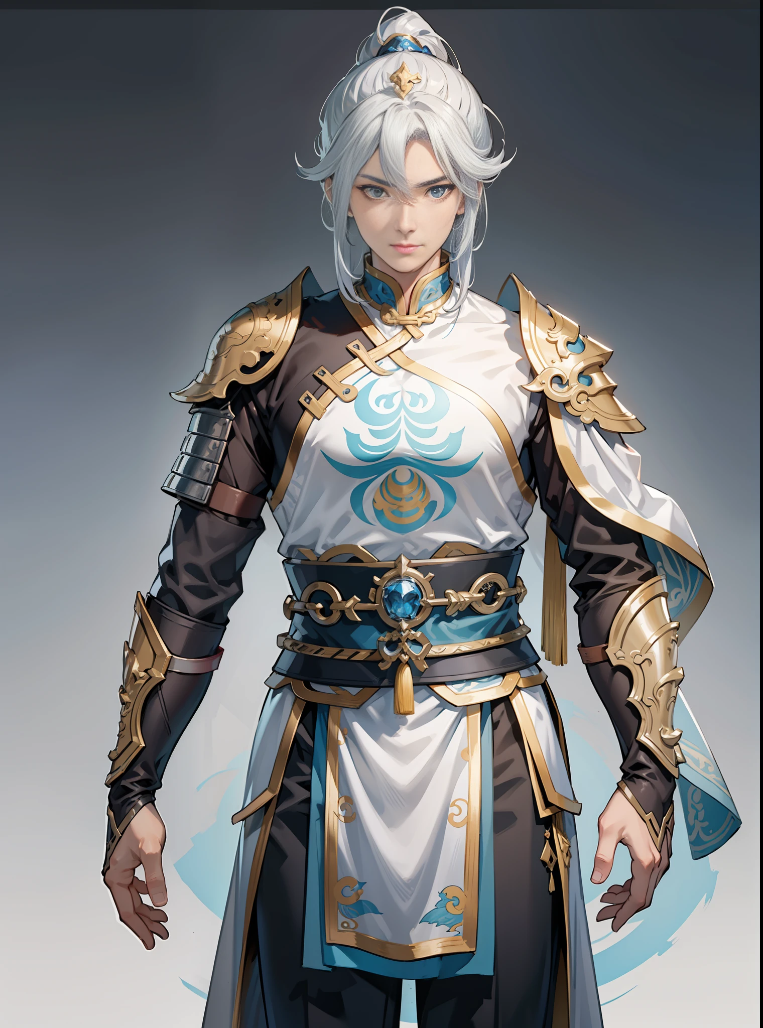 1boy, Chinese style, Zhao Yun, Silver-white Chinese armor, Silver-white Chinese helmet, Pike, hand-held weapons, Look at the screen, White cape, blue clothes, Black pants, white hair, serious, Verism, cinematic lighting, ray tracing, reference sheet, high detail, Conceptual art, UHD, masterpiece, ccurate, anatomically correct, high details, high quality, highres, best quality, award winning, 8k, award winning