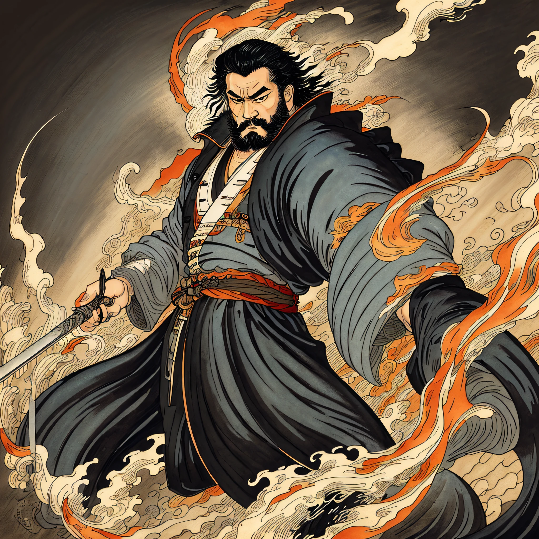 It is a full-body painting with natural colors in a cartoon-like style. A Japan samurai with a large body like a strongman. He has a rough face, short black hair, and a short, trimmed beard. He wears a black kimono. The hakama should be a little longer and draw in a flowing shape that flutters in the wind. In his right hand he holds a Japan sword that wears flames. The background is a swirling flame in Katsushika Hokusai style. In the highest quality, it is a masterpiece high resolution acrylic and a work that will be trending in Pixcv fanbox --auto --s2