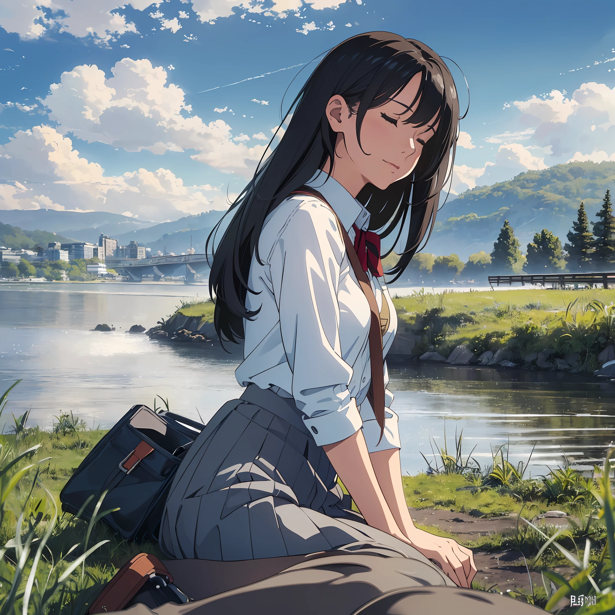(photorealistic),((best quality)),(masterpiece),(ultra detailed),(ultra high res),(morning),(riverbank),highway,sunlight,cloudy sky,wind,(light smile:0.8),profile,1girl,(small breasts),sitting on grass,closed eyes,medium hair,black hair,bag,school uniform,black pantyhose, --auto --s2