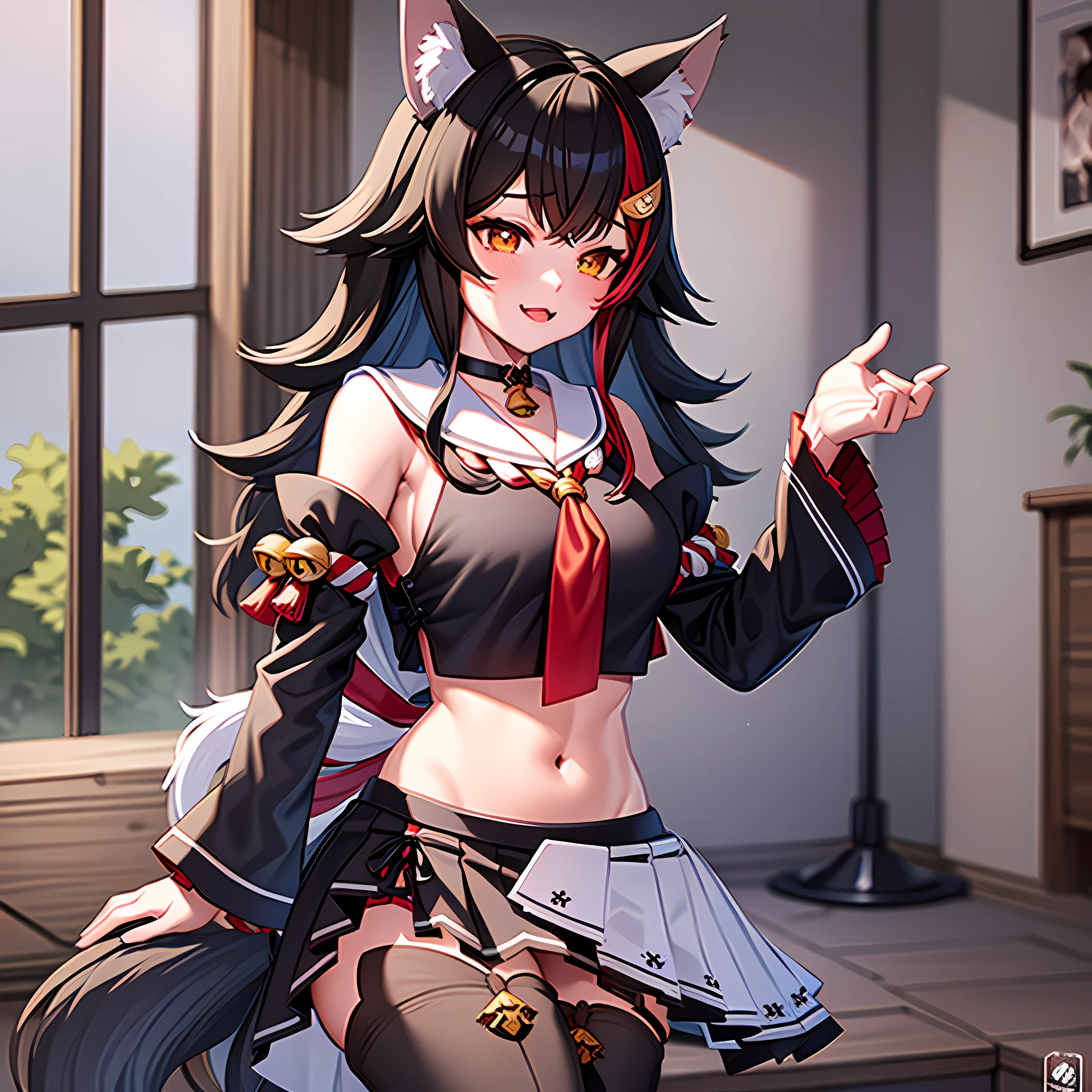 Highly detailed, highly detailed 8K wallpapers, very detailed CG Unity 8K wallpapers, masterpiece, best quality, ultra detailed, (NSFW: 1.2), miosha1, hair ornament, wolf tail, red choker, black shirt, sailor collar, detached sleeves, black skirt, pleated skirt, white thighhighs, midriff, bell, rope，big breasts