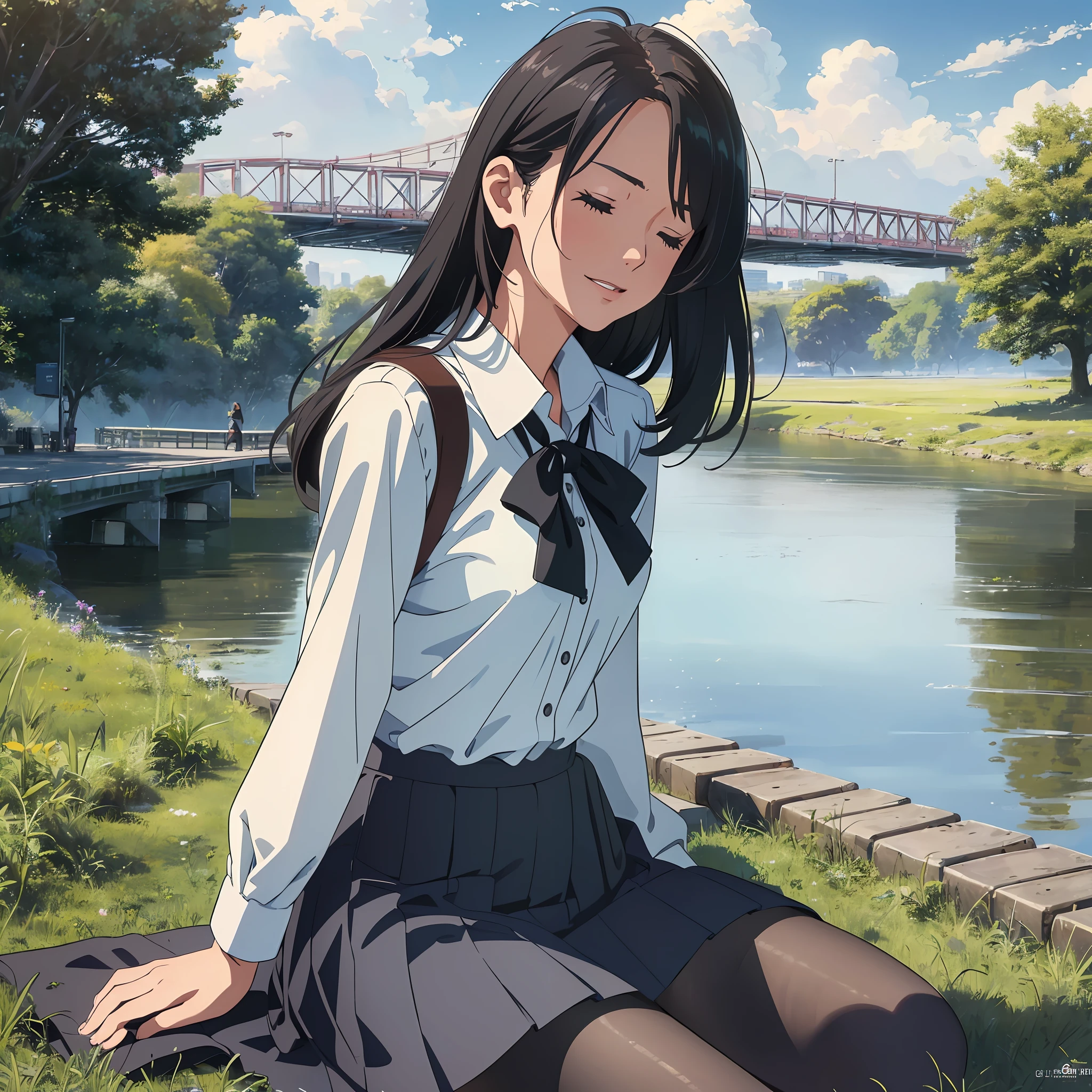 (photorealistic),((best quality)),(masterpiece),(ultra detailed),(ultra high res),(morning),(riverbank),highway,sunlight,cloudy sky,wind,(light smile:0.8),profile,1girl,(small breasts),sitting on grass,closed eyes,medium hair,black hair,bag,school uniform,black pantyhose, --auto --s2