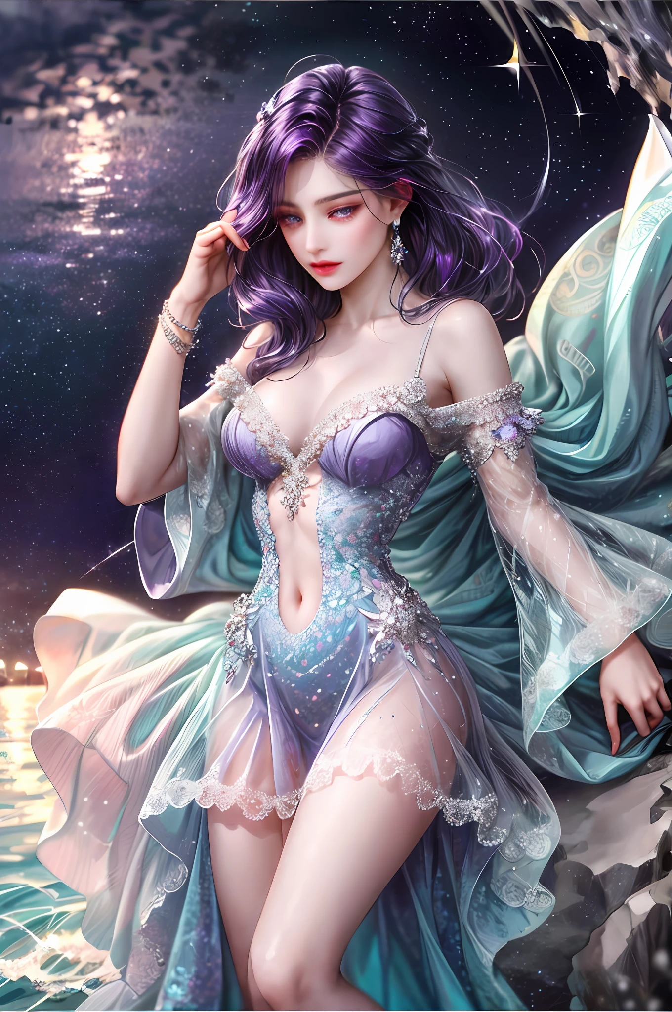 ( High quality , ultra detailed to hand )Zodiac sign-scorpio goddess , similar to latin goodness , cute but sexy and brave face , deep purple hair , transparent dress , in the ocean with moonlight , whole body , crystal purple eyes , dark make up look ,