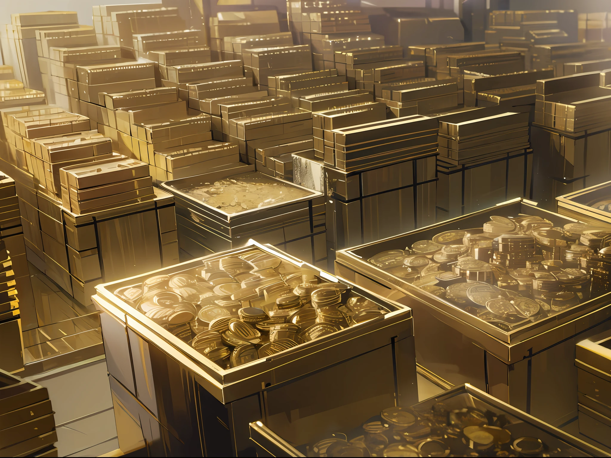 Masterpiece, highest quality, a large warehouse, lots of gold bricks, coins, medium shots, details, cinematic lighting