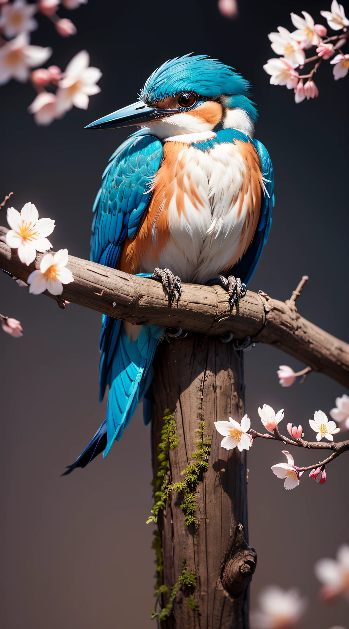 Superb Kingfisher Near White Cherry Blossoms on Branches, Dark, Dawn, (Cold Morning: 1.1), (Morning Dew: 1.15), Realistic Photography, (Low Photo: 1.2), Detail, 8K, Intricate Folded Feathers, Water Droplets on Feathers, (to8contrast style), (MIST: 0.7), Bright Colors, Sony a6600 Mirrorless Camera, embellish2 --auto --v 6