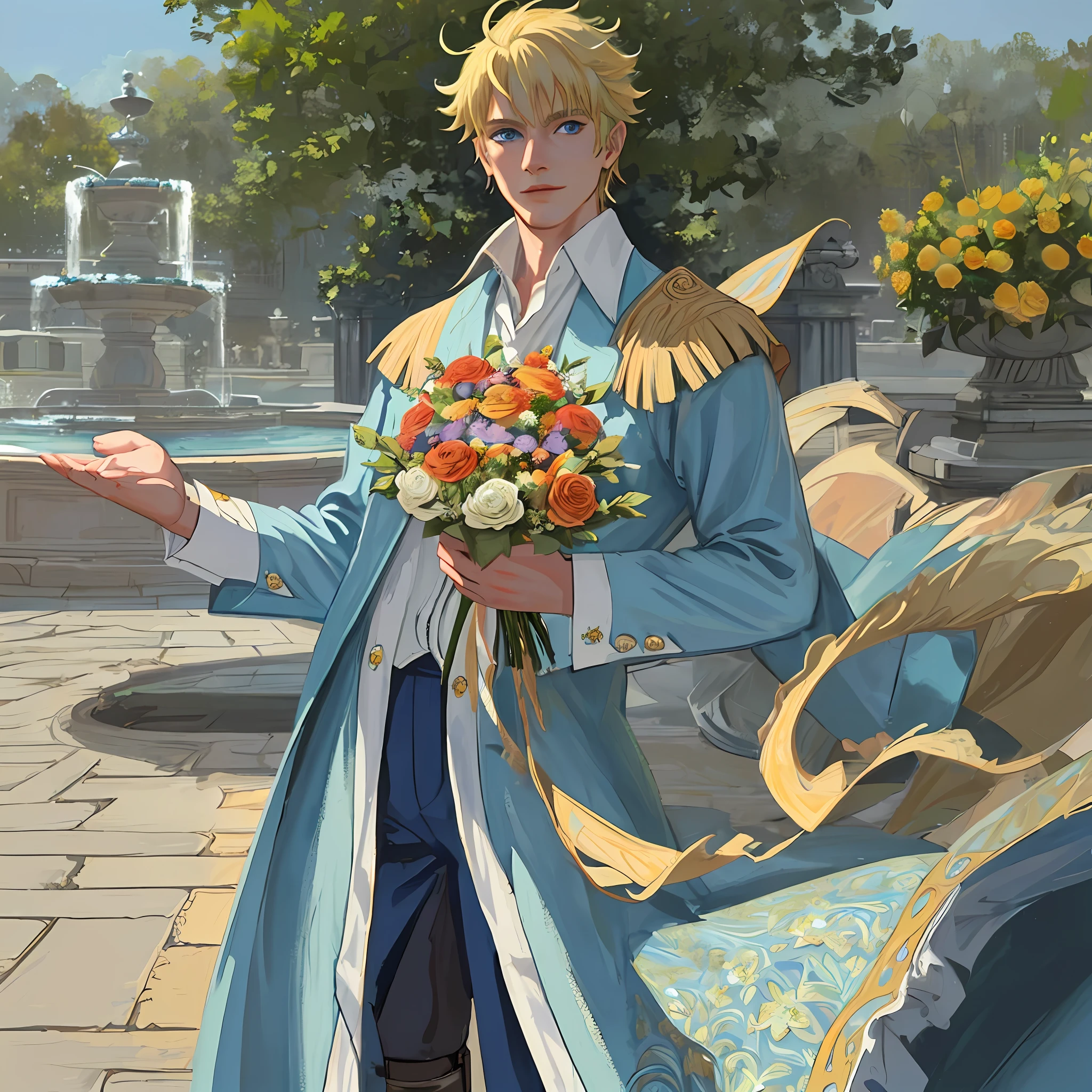 ((((masterpiece)))), (best quality), ((Hyper detailed)), ((High detail)), ((Exquisite detail)), (1 boy), (solo), (cowboy shot), (looking at viewer),((outside)), (((antique))), ((palace)), ((garden)), ((fountain)),
(flower), ((mature male)),((victorian outfit)), ((tall and muscular)), ((whiskermark)), uzumaki naruto, ((blonde hair)), detailed lips, (((prince))), ((blue eyes)), (nobility) , ((long pants)), smile, (((holding flower bouquet)))