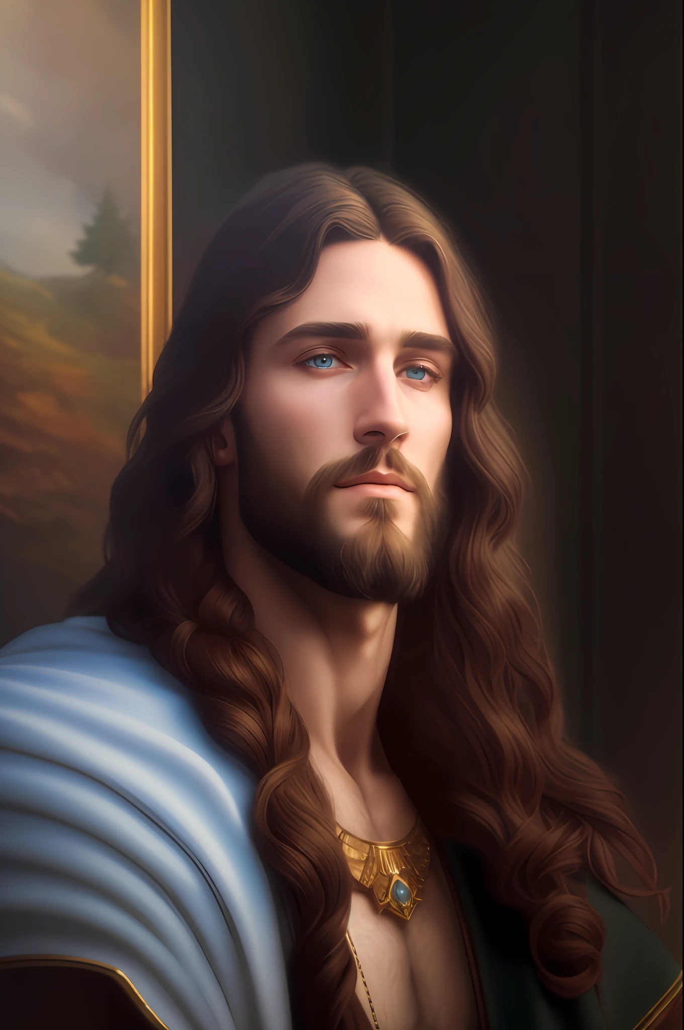 (symmetry),centered,a ((close)) up portrait,(Jesus),a very thin white man with long hair and a beard,wearing a long white robe,35mm,natural skin,clothes  detail, 8k texture, 8k, insane details, intricate details, hyperdetailedhighly detailed,realistic,soft cinematic light,HDR,sharp focus, ((((cinematic look)))),intricate, elegant, highly detailed