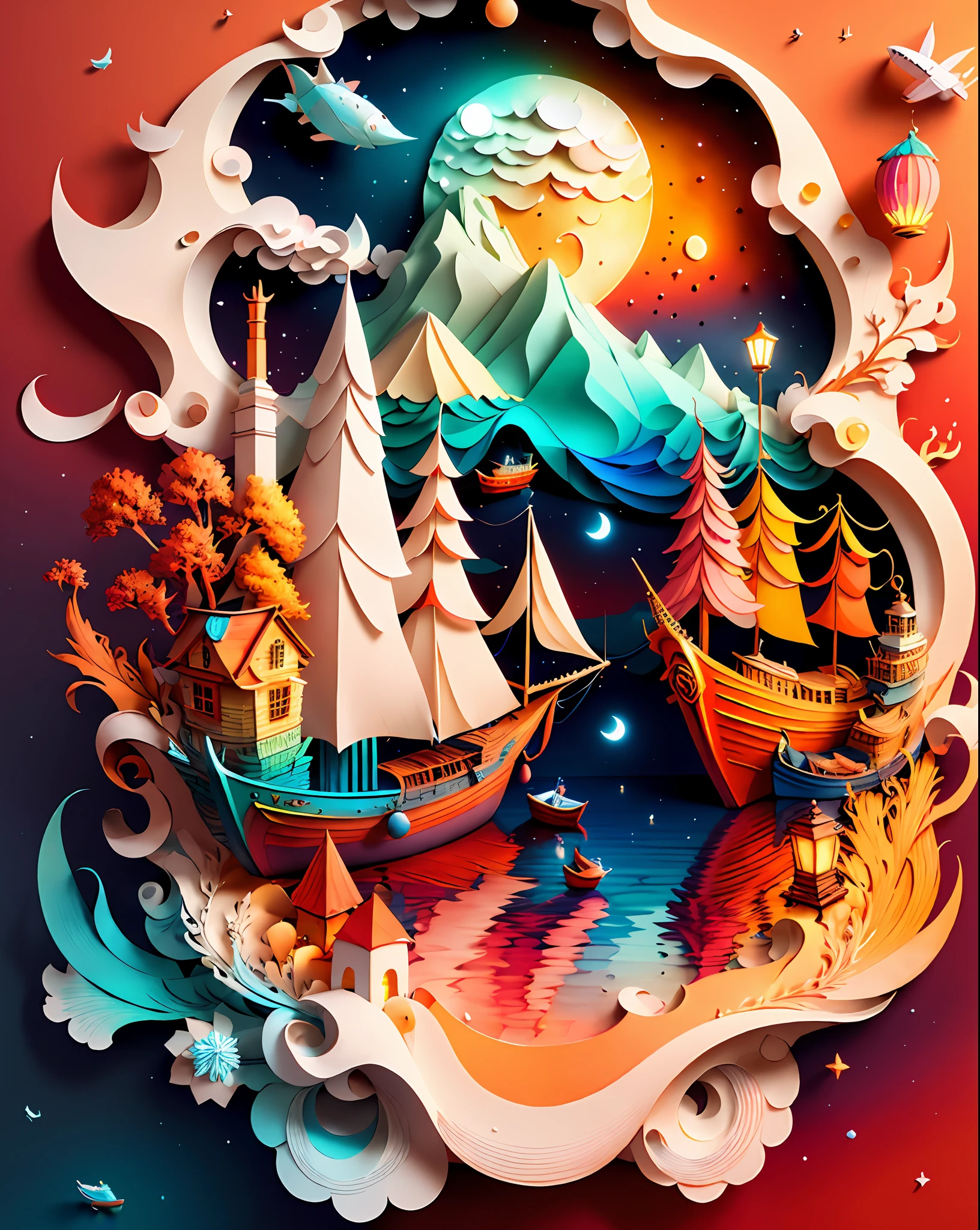 Softlight,(warm color:1.2),Water color painting,light background,best quality exquisite details,3d rendering,Octane render,pastel, Moon, boat, sea, storm,(paper_cut:1.15),