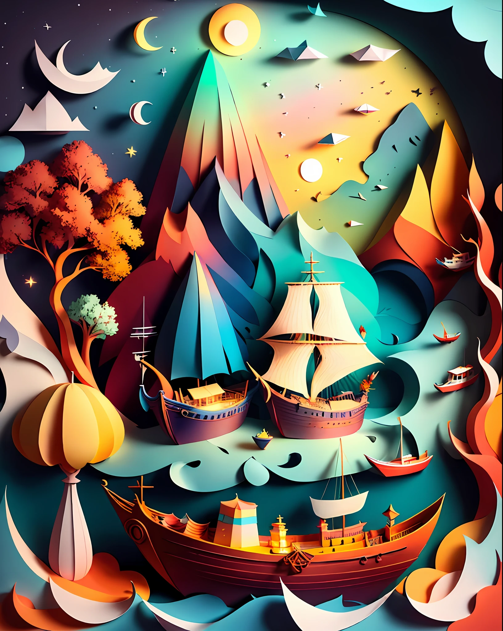 Softlight,(warm color:1.2),Water color painting,light background,best quality exquisite details,3d rendering,Octane render,pastel, Moon, boat, sea, storm,(paper_cut:1.15),