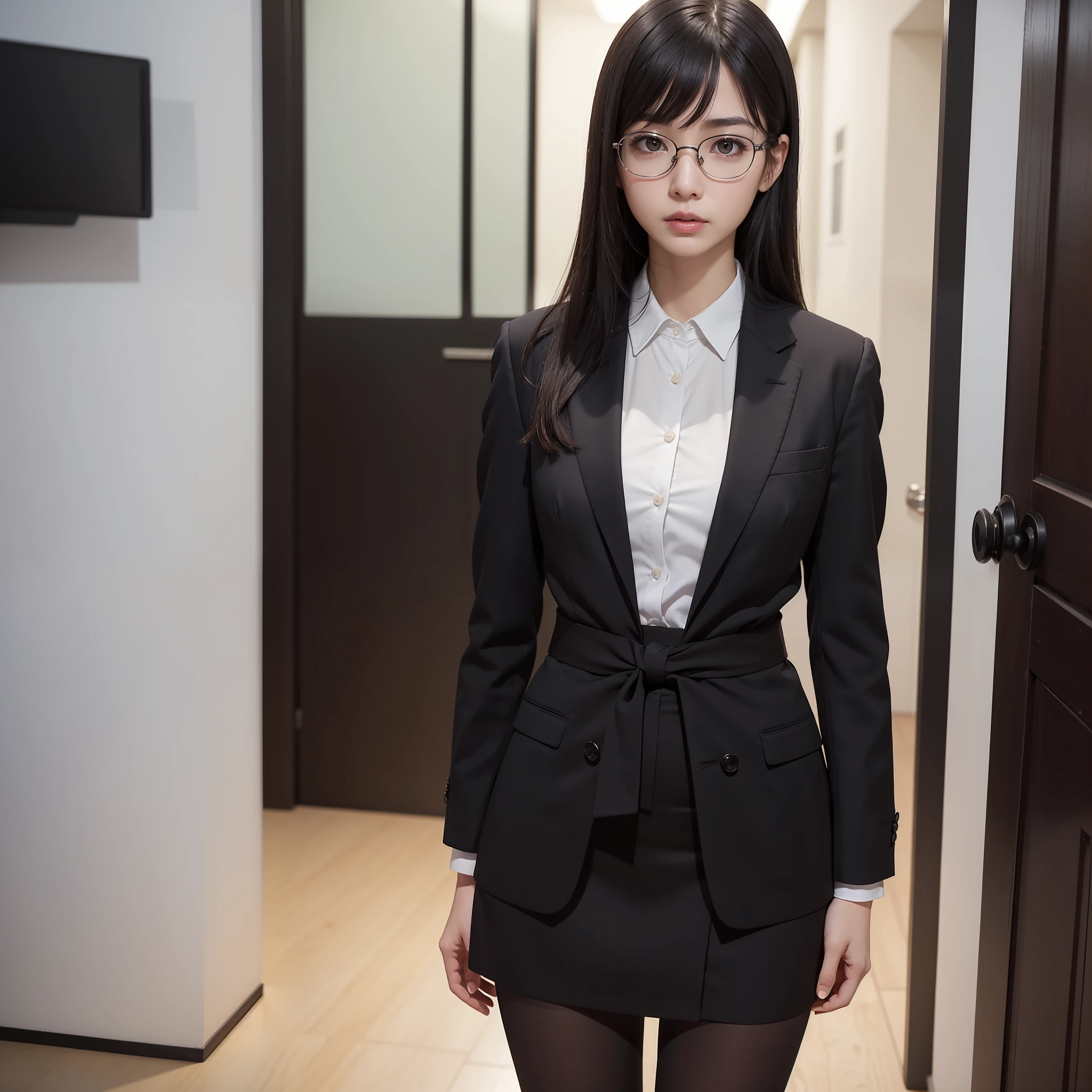 (Absolutely female),(One girl),(One),(Solo),Standing,Raw photo, Candid, Narrow eyes,Full body,Black pantyhose,Textured skin,,Office Lady,Suit, Bangs about eyebrows,(Medium hair:1.2),Raw photo, Pale skin, Japan person, Glasses, Small, Young, Tall, Dark look, bright black eyes, anger, Slender body, Medium build, Small waist, Wide thighs, photorealistic, best quality, 8K, masterpiece