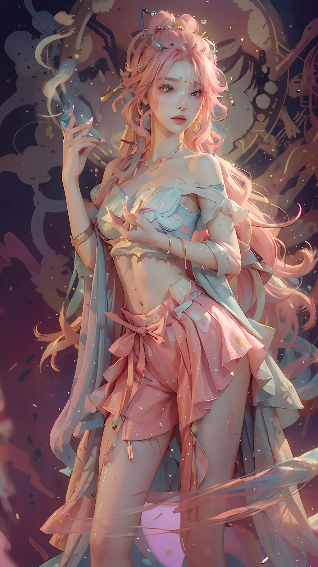 (Masterpiece Best Quality detailed), (Extremely complex intricated details: 1.2), absurd, seen from afar, 1girl, solo, a cute Han girl, big eyes, perfect, ultra-clear, exquisite eyes, detailed background, perfect face, delicate facial features, orange lipstick, long hair curly, full body picture, full body photo, Starbucks coffee background, hair all on display, {neon pink hair,  pink hair, babye hair,}, glowing hair, ((Starbucks coffee background)), collarbone, portrait, colorful splashed ink background, ((splashed ink)) (color splash), standing painting, full body, acrylic paint, highest quality, highest quality, masterpiece, solo, depth of field, delicate and moist skin cute girl, solo, wall full of colorful paint, gradient, exquisite CG, delicate and beautiful facial features, gorgeous highlights, crystal clear, absolutely beautiful, charming, shiny, perfect, ultra-clear, 32k, vista, Luminogram --auto --s2