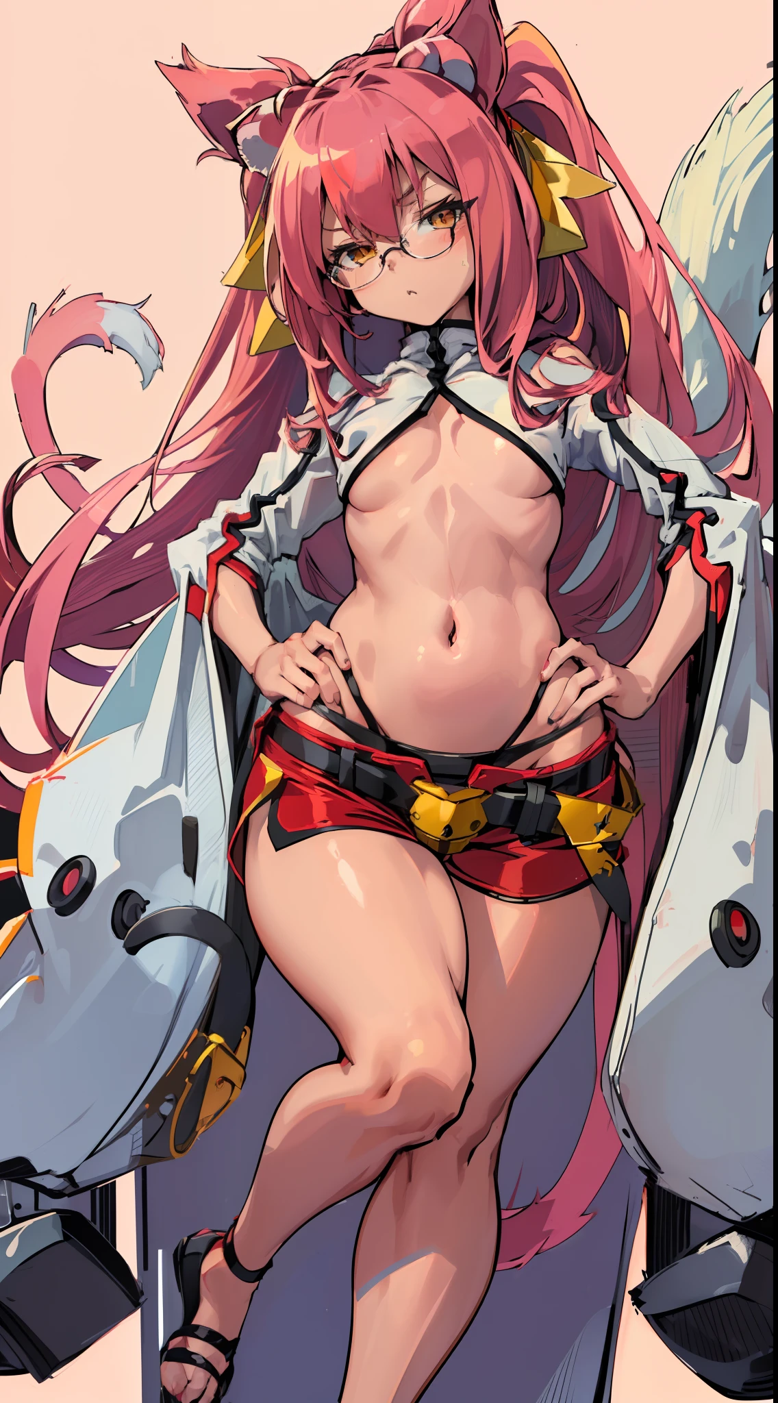 1girl, solo, (masterpiece, greatest artwork of all time, best 4k konachan wallpaper) (kokonoems, kokonoe mercury, kokonoe (blazblue)), (animal ears, cat ears, tail, tails, cat tail, multiple tails, multiple cat tails), pince-nez, navel, (belt, black belt, black belt with a cat bell in the middle), (shorts, capri shorts, low rise shorts, low rise capri shorts, red shorts, red capri shorts, red low rise shorts, red low rise capri shorts), thong, black thong ((petite, small breasts, small boobs, ), (child rearing hips, child-rearing hips, big hips, wide hips, wide-hipped, thicc thighs, thick thighs), small breasts with big hips, small breasts with thicc thighs, thicc thighs with wide hips), (glasses, half round glasses) (hair, pink hair, long hair, long pink hair), knees together feet apart, looking at viewer