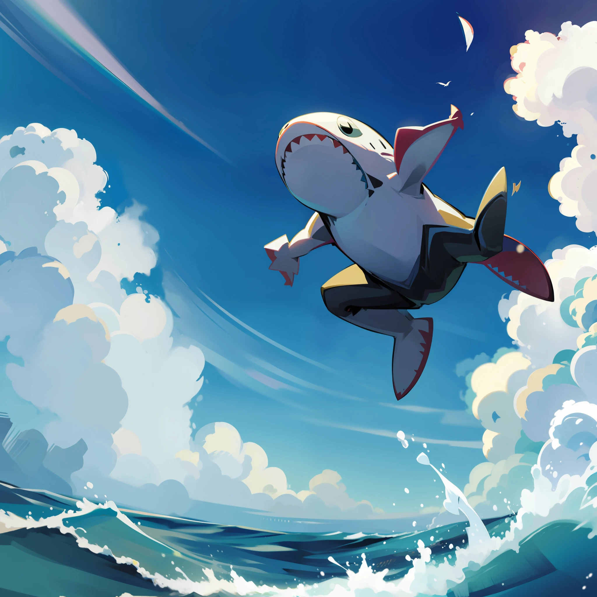 A comic-style shark jumps on the surface of the ocean at a slightly lower angle