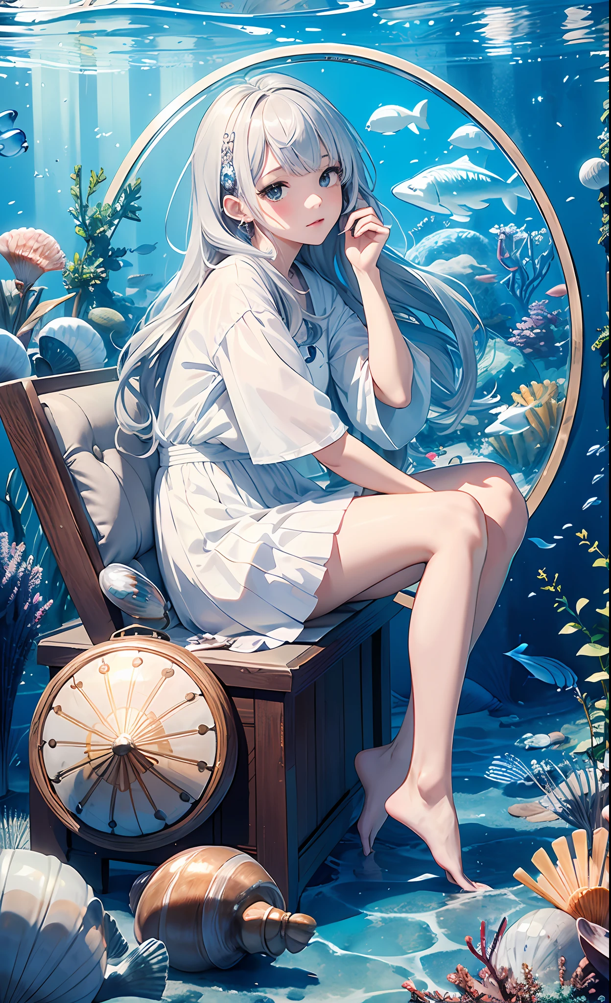 (Masterpiece, Top Quality, Best Quality, Official Art, Beautiful and Aesthetic: 1.2), (White Wood Box resembles circle glass case, with Under the Sea image),sitting cute girl with (medium silver hair), on the (crystal shellfish:1.2)