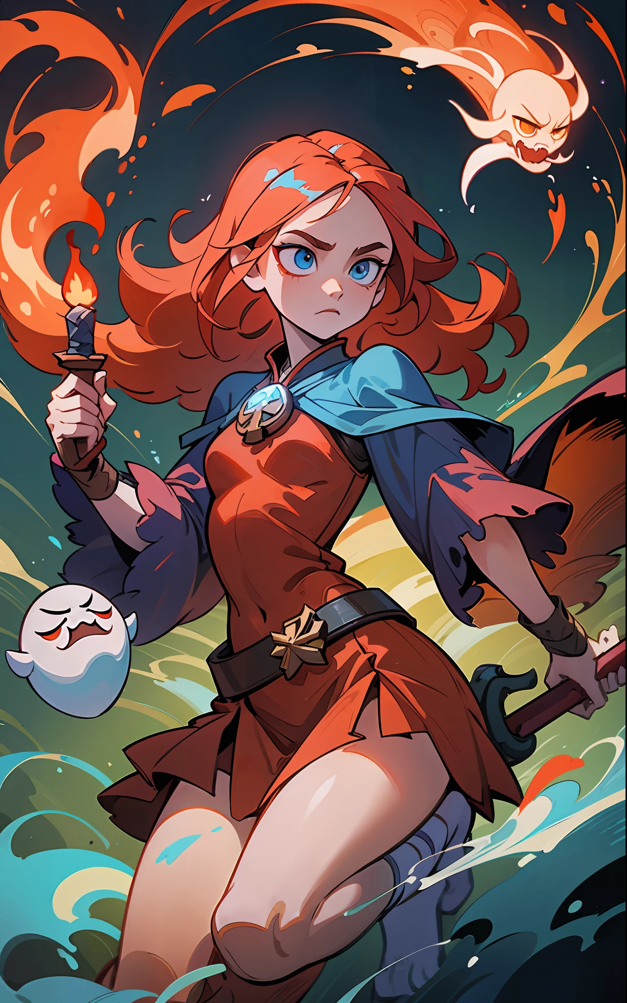 An outstanding beautiful white girl painting, firelight, flame surrounding, fire magic messenger, dota 2 fire girl style, ghost knife style, fire-like hair, long red hair, watery blue big eyes, thin waist, wide hips, mage robes, magic colors, World of Warcraft style, By Blizzard Entertainment, Ultra HD, 8K, real skin texture, best light, best shadow, Lina from dota2, action, wizarding world, Prone view, small mouth, small nose, big eyes, cute, full body, perfect body proportions, enhanced contrast, fire dragon as background, void fragments