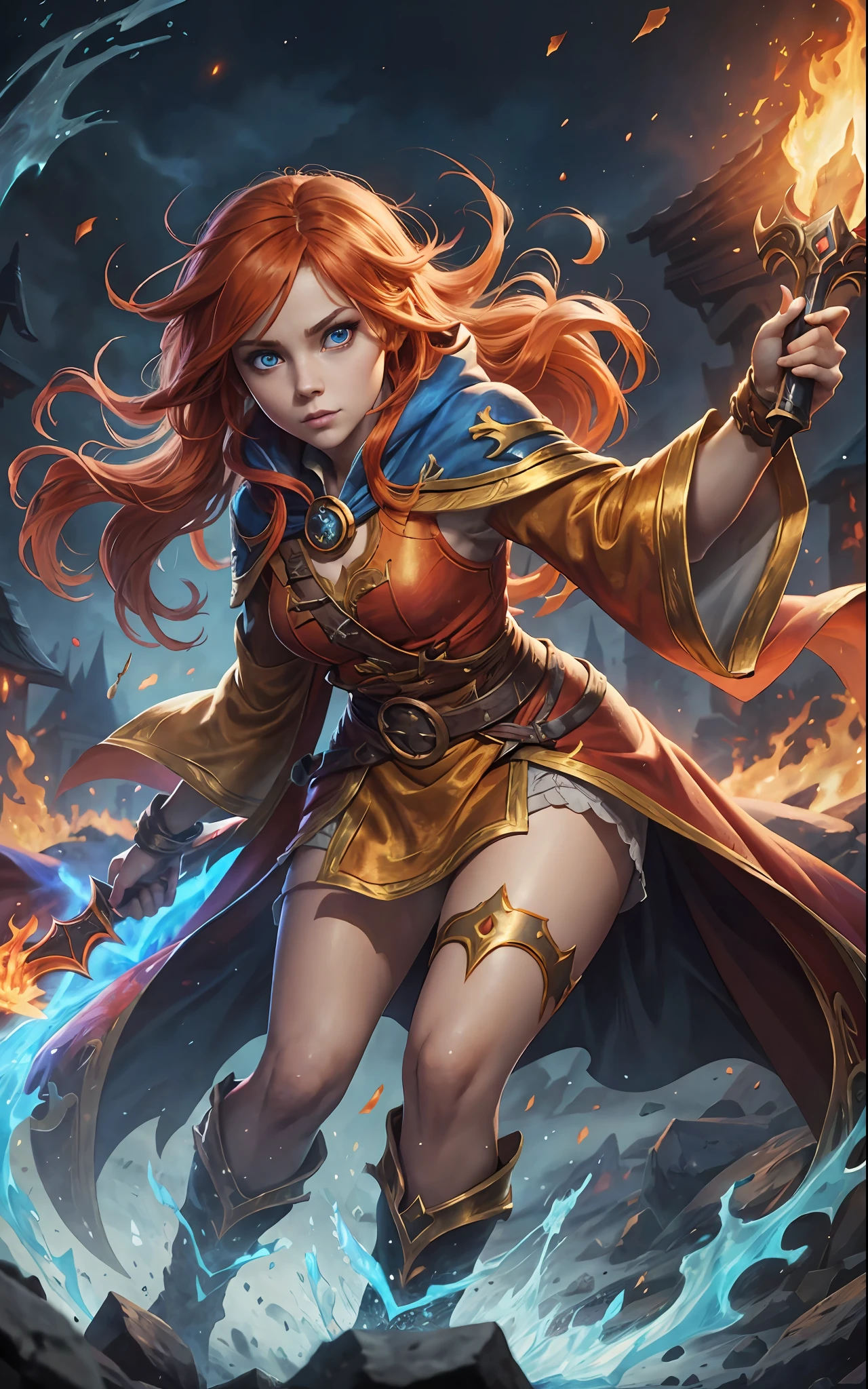 An outstanding beautiful white girl painting, firelight, flame surrounding, fire magic messenger, dota 2 fire girl style, ghost knife style, fire-like hair, long red hair, watery blue big eyes, thin waist, wide hips, mage robes, magic colors, World of Warcraft style, By Blizzard Entertainment, Ultra HD, 8K, real skin texture, best light, best shadow, Lina from dota2, action, wizarding world, Prone view, small mouth, small nose, big eyes, cute, full body, perfect body proportions, enhanced contrast, fire dragon as background, void fragments